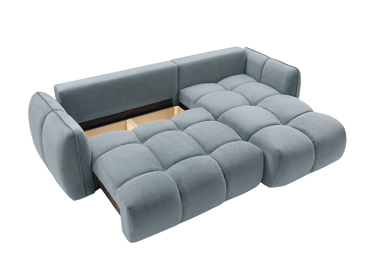 Divano angolare a L con funzione letto, tessuto velluto Bluvel, grigio-blu, destra, BELVEDER L
