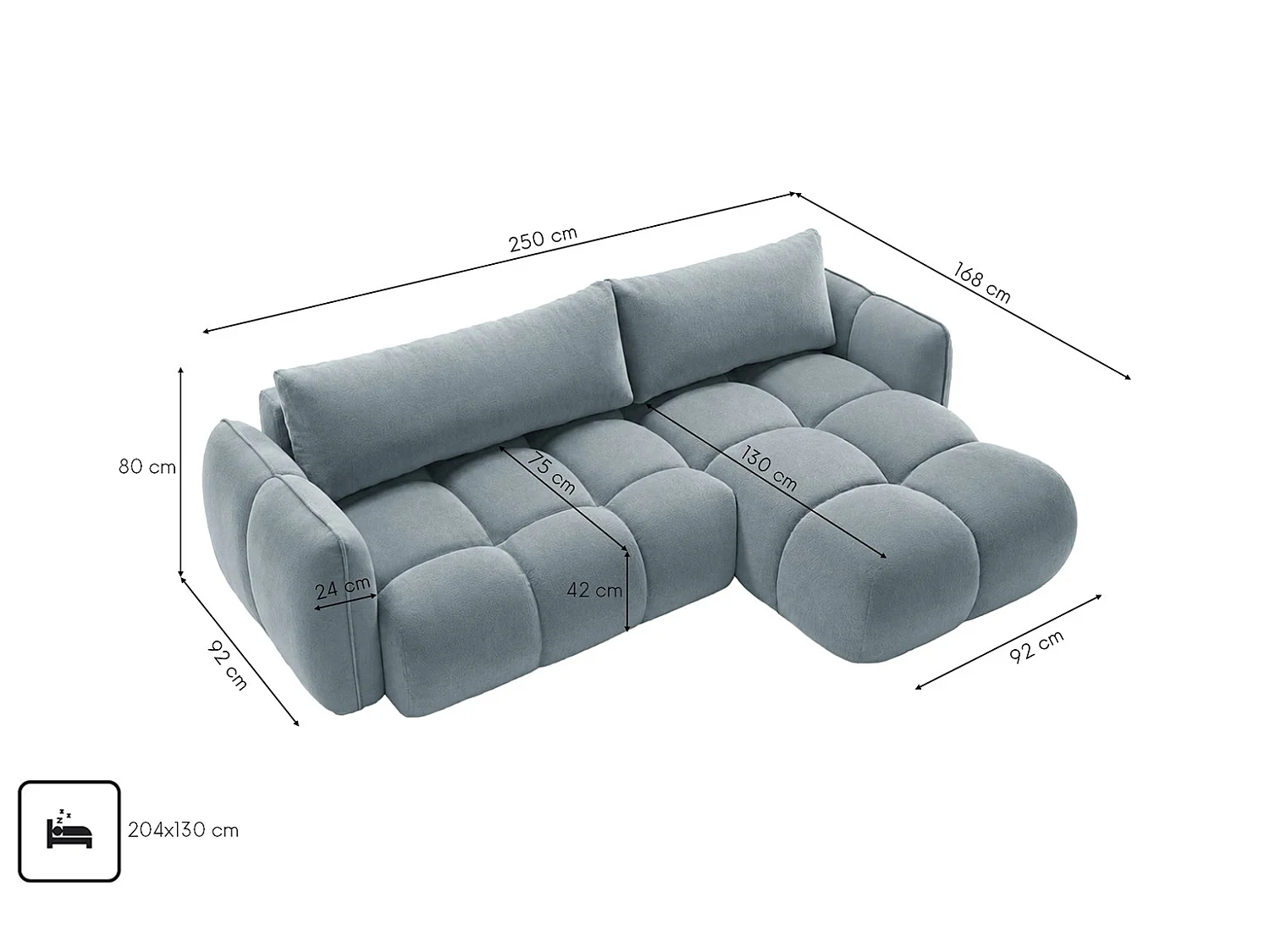 Divano angolare a L con funzione letto, tessuto velluto Bluvel, grigio-blu, destra, BELVEDER L