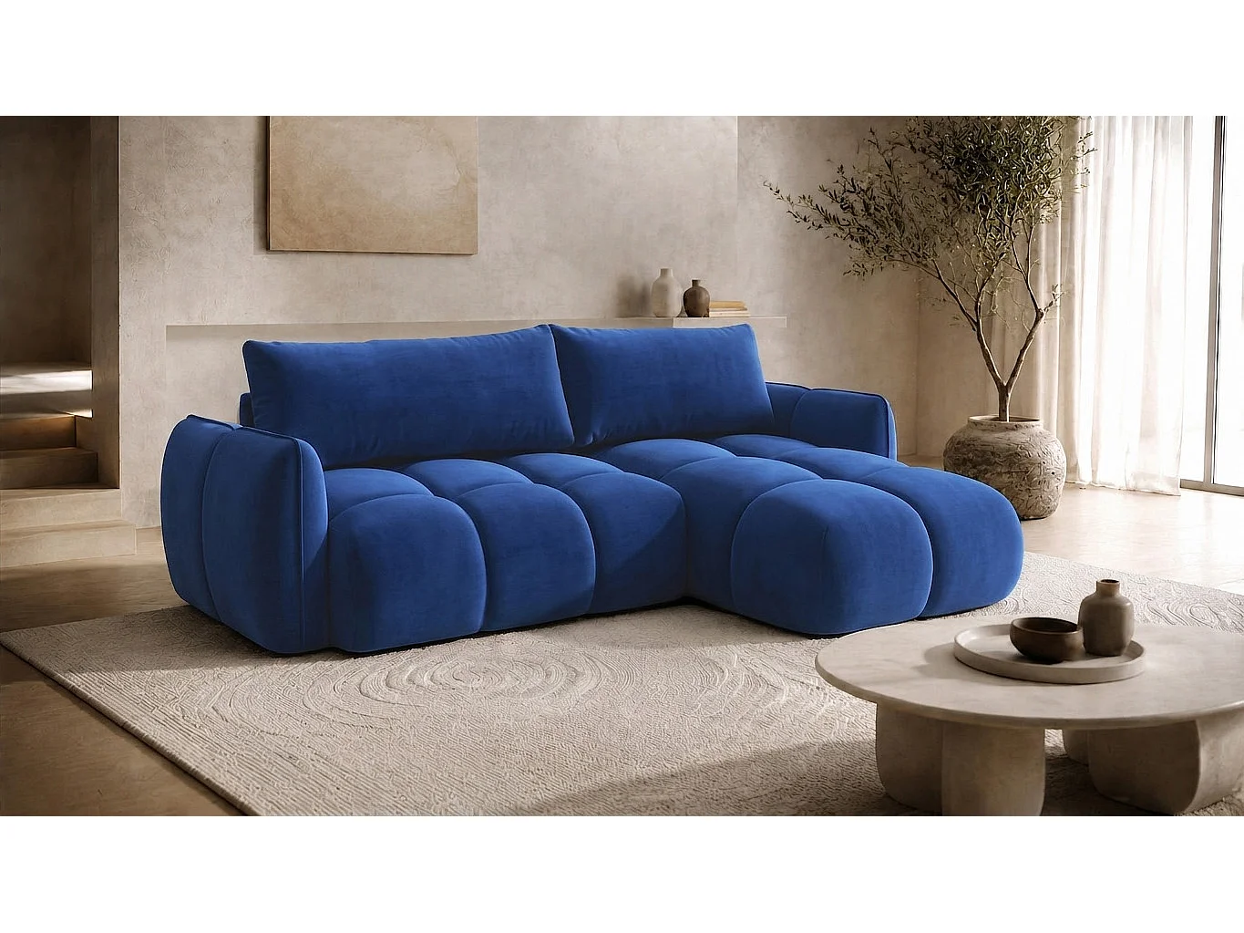 Divano angolare a L con funzione letto, tessuto velluto Bluvel, blu inchiostro, destra, BELVEDER L