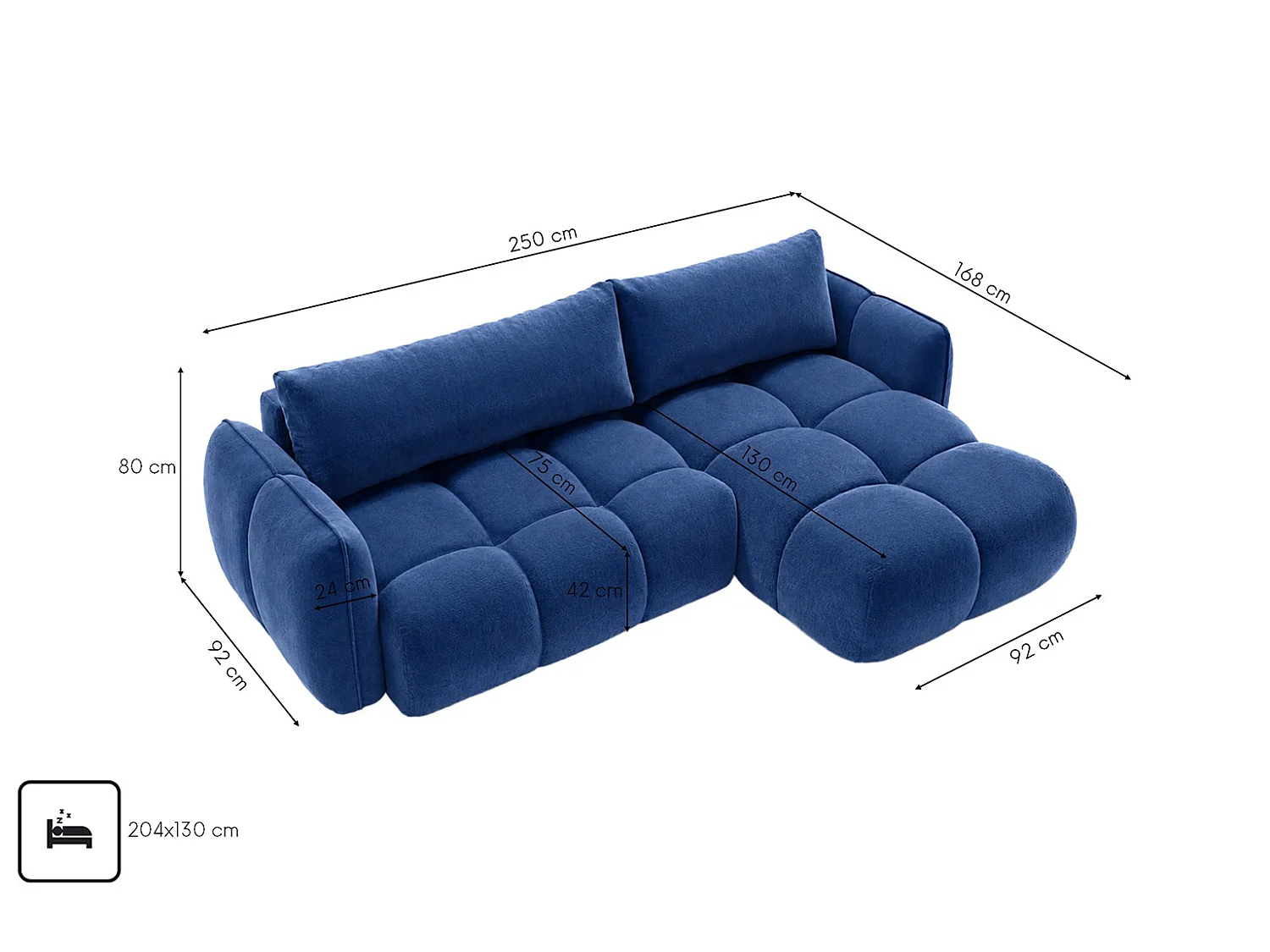 Divano angolare a L con funzione letto, tessuto velluto Bluvel, blu inchiostro, destra, BELVEDER L