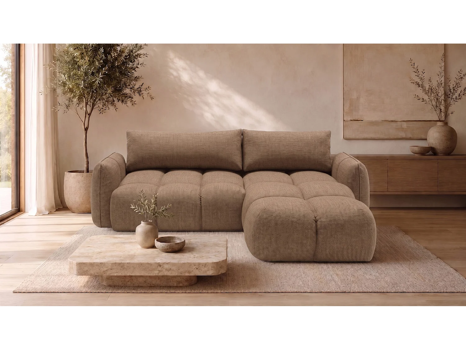 Canapé d’angle en L avec fonction couchage, Nexi, caramel, droite, BELVEDER L