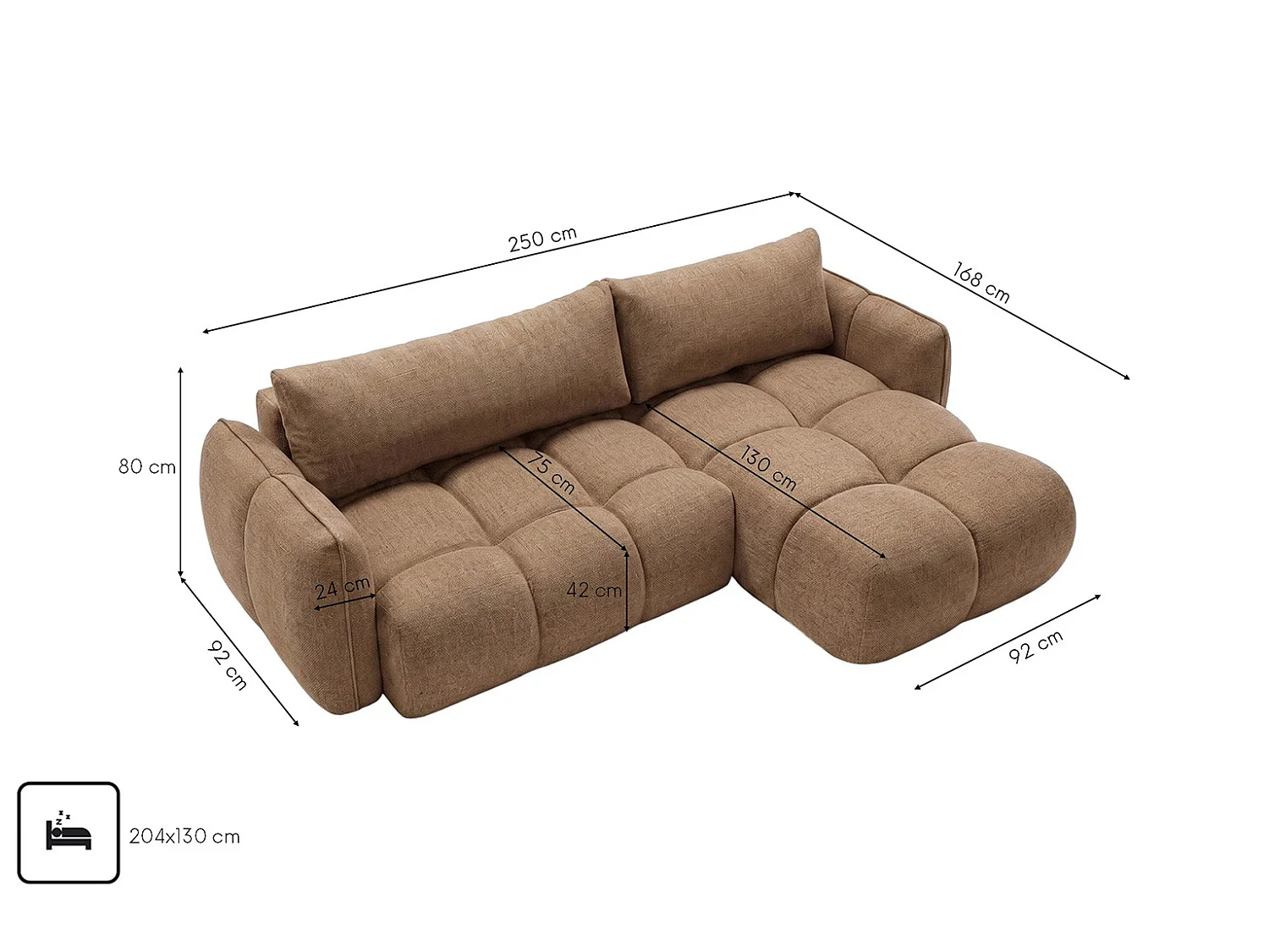 Canapé d’angle en L avec fonction couchage, Nexi, caramel, droite, BELVEDER L
