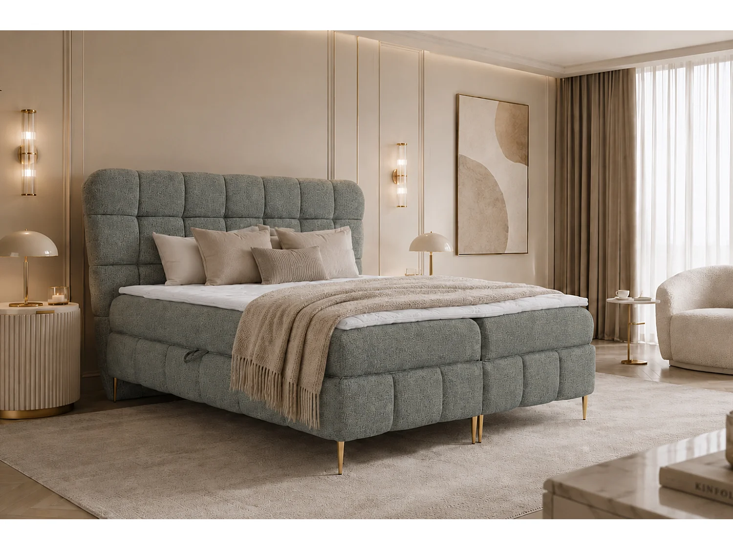 Lit boxspring avec deux coffres de rangement, tissu Corbett, gris foncé, 180x200 cm, LOLLY