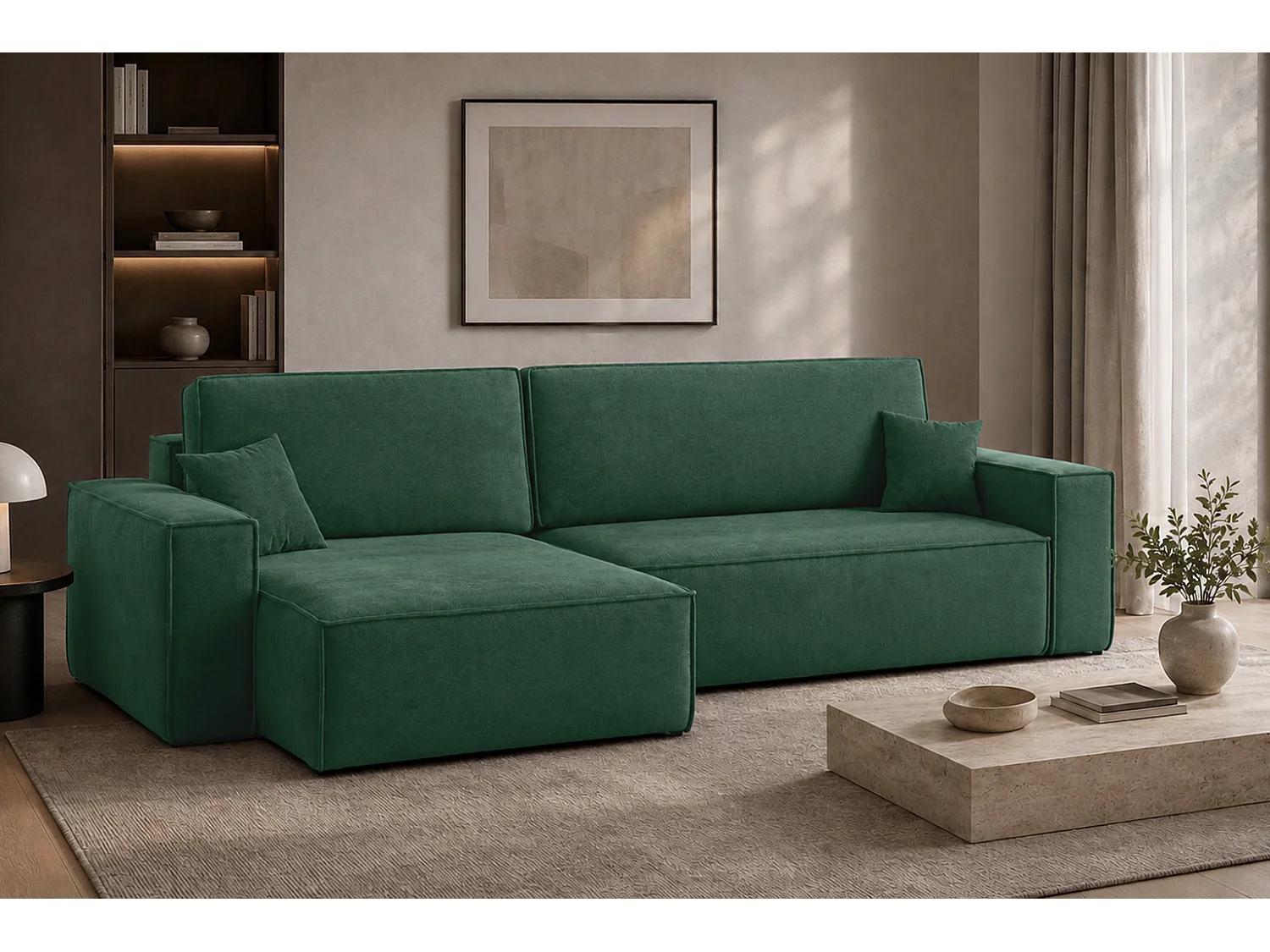Divano angolare a L con funzione letto e contenitore, tessuto velluto Bluvel, verde, sinistro, BEST XL