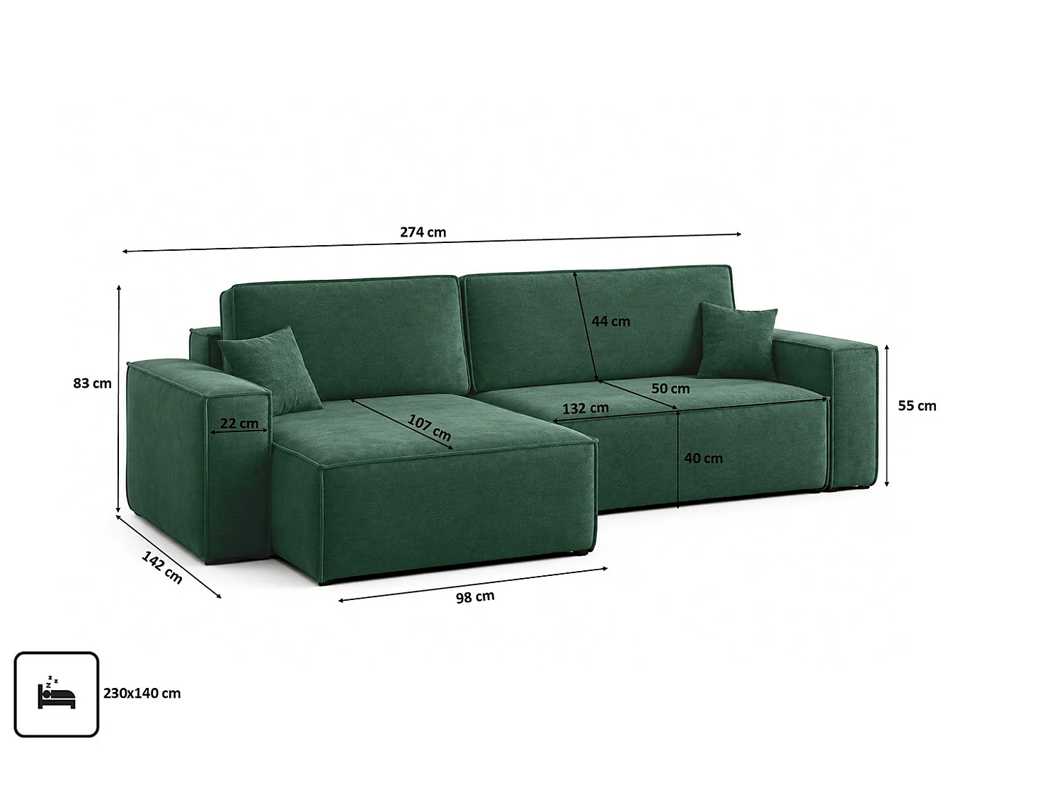 Divano angolare a L con funzione letto e contenitore, tessuto velluto Bluvel, verde, sinistro, BEST XL