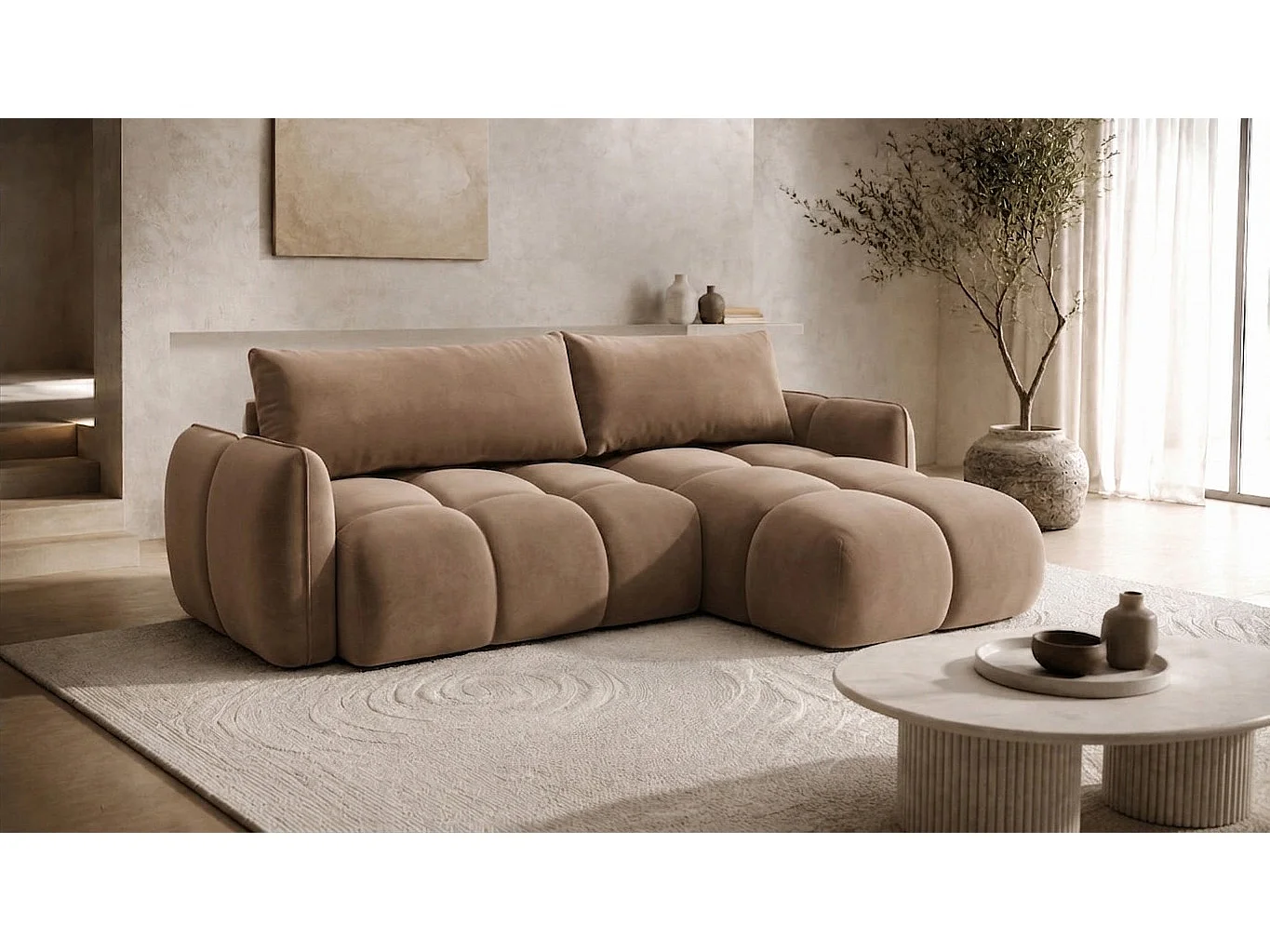 Divano angolare a L con funzione letto, tessuto velluto Bluvel, latte, destra, BELVEDER L