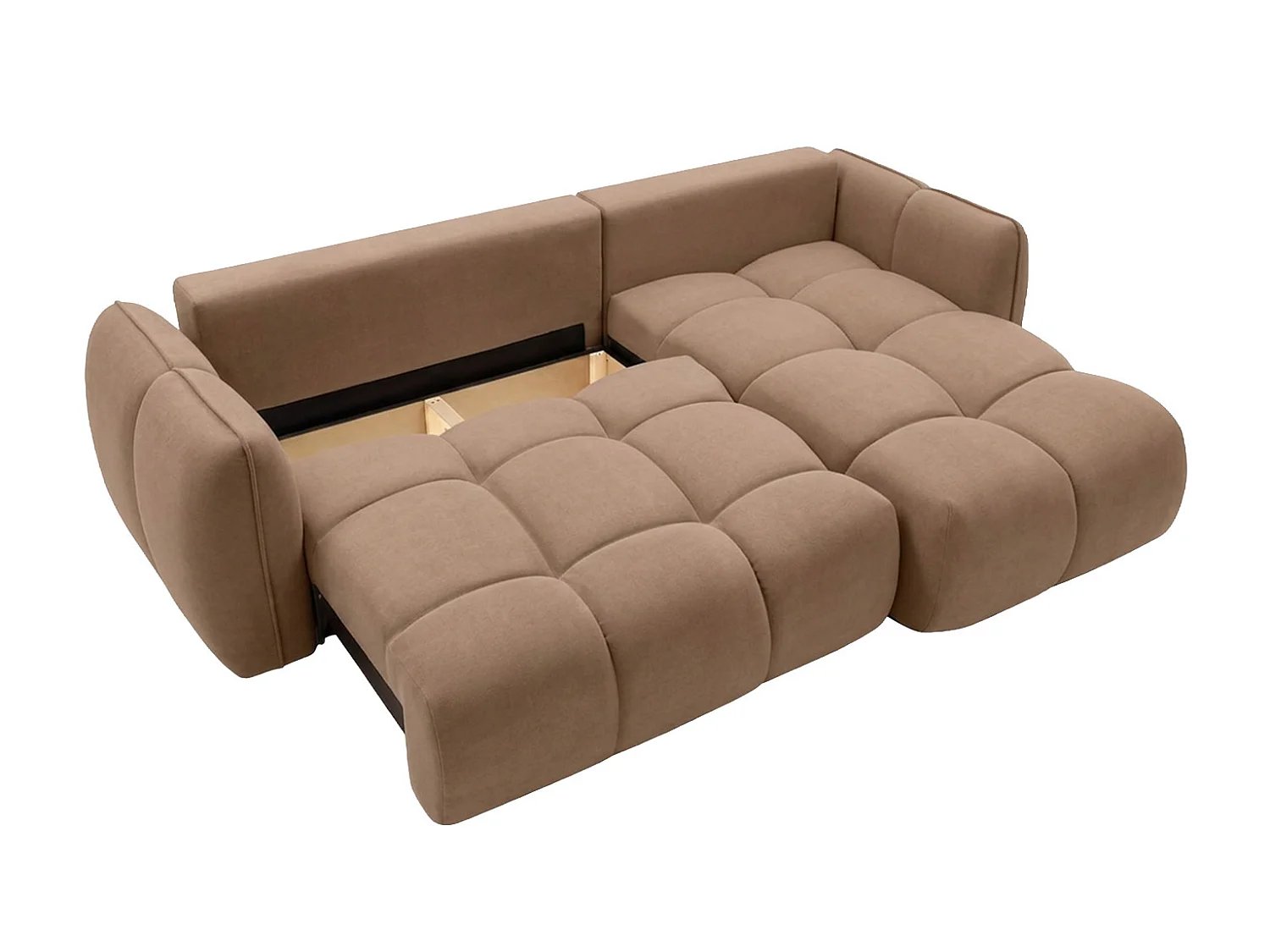 Divano angolare a L con funzione letto, tessuto velluto Bluvel, latte, destra, BELVEDER L