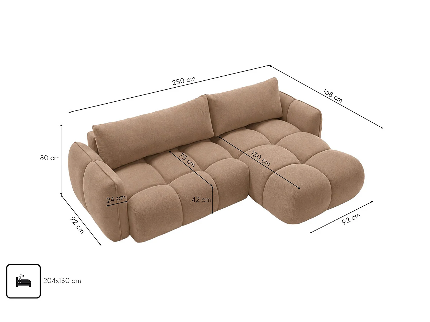 Divano angolare a L con funzione letto, tessuto velluto Bluvel, latte, destra, BELVEDER L