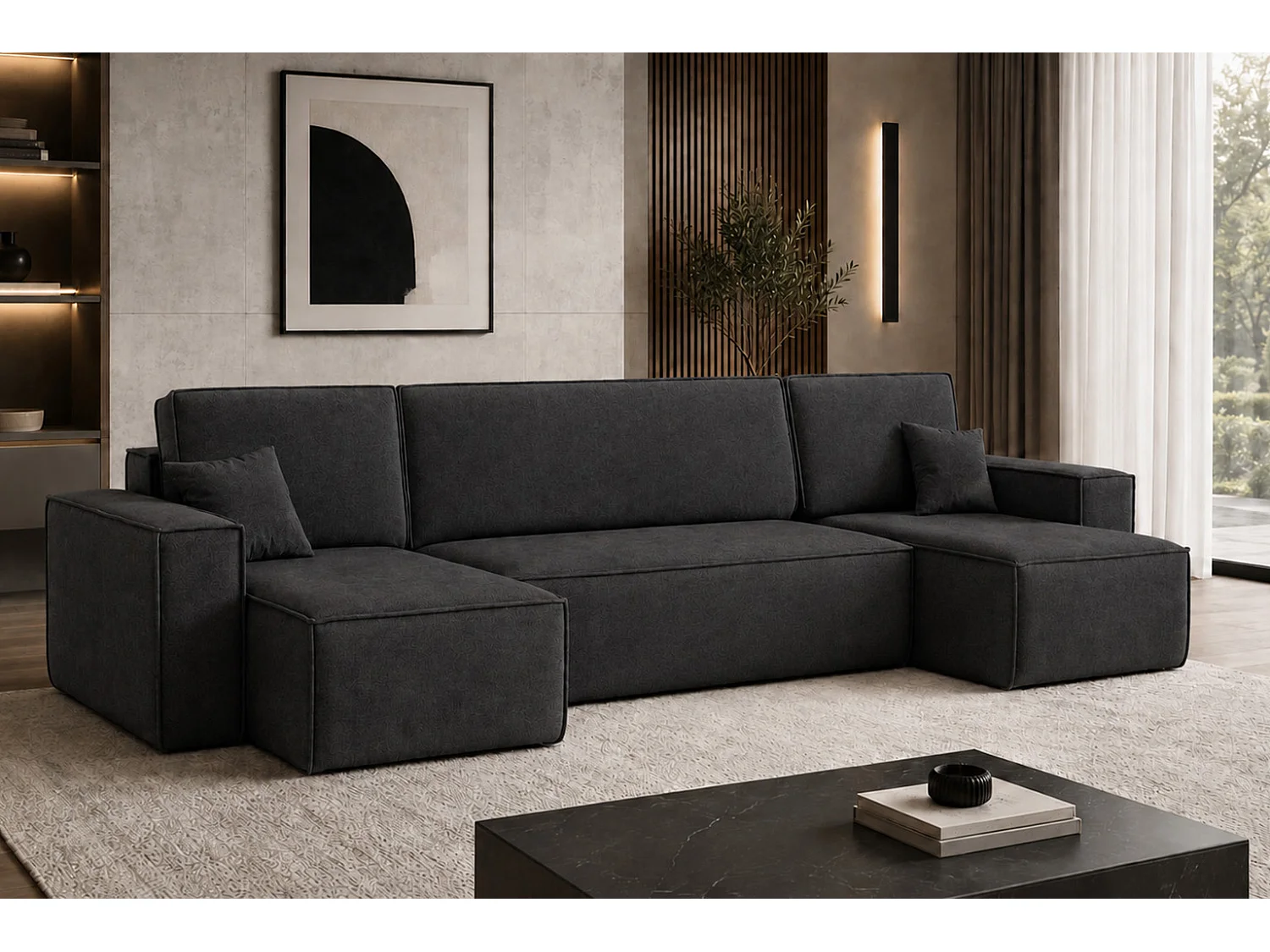 Canapé d’angle en U avec fonction couchage et coffre de rangement, tissu velours Bluvel, noir, BEST U