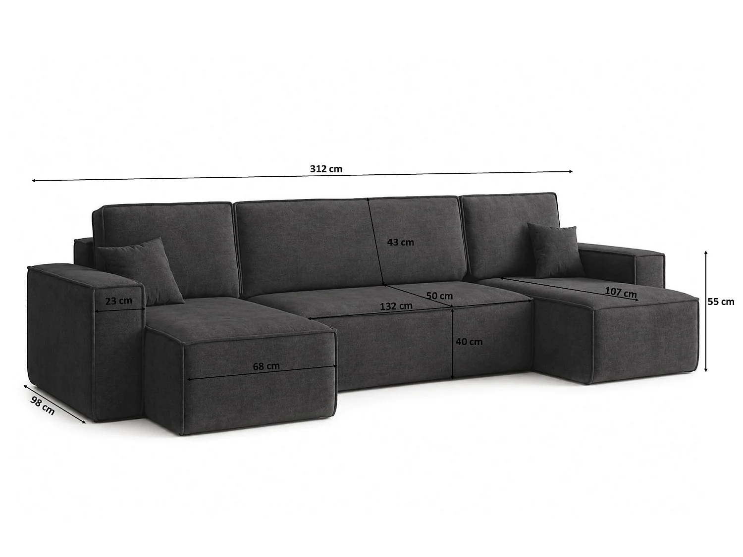 Canapé d’angle en U avec fonction couchage et coffre de rangement, tissu velours Bluvel, noir, BEST U