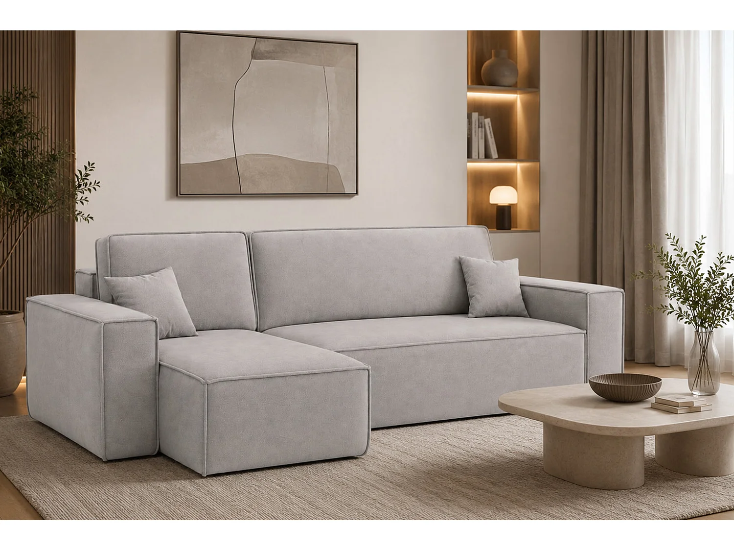 Canapé d’angle en L avec fonction couchage et coffre de rangement, tissu velours Bluvel, gris, gauche, BEST L