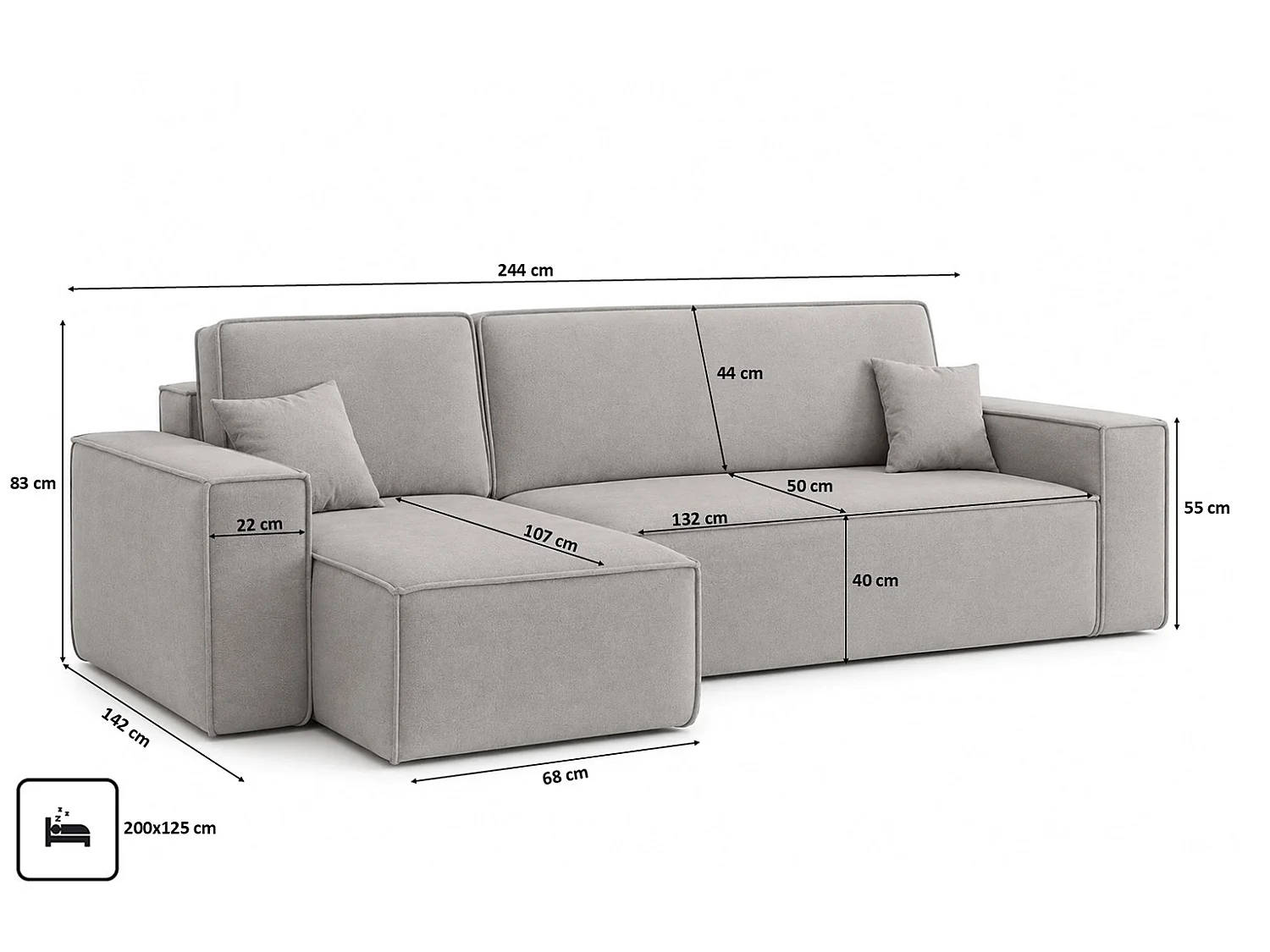 Canapé d’angle en L avec fonction couchage et coffre de rangement, tissu velours Bluvel, gris, gauche, BEST L