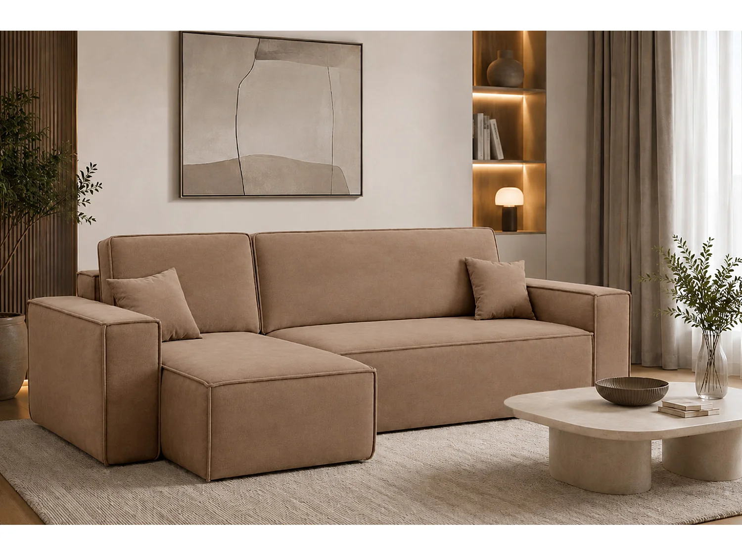 Canapé d’angle en L avec fonction couchage et coffre de rangement, tissu velours Bluvel, latte, gauche, BEST L