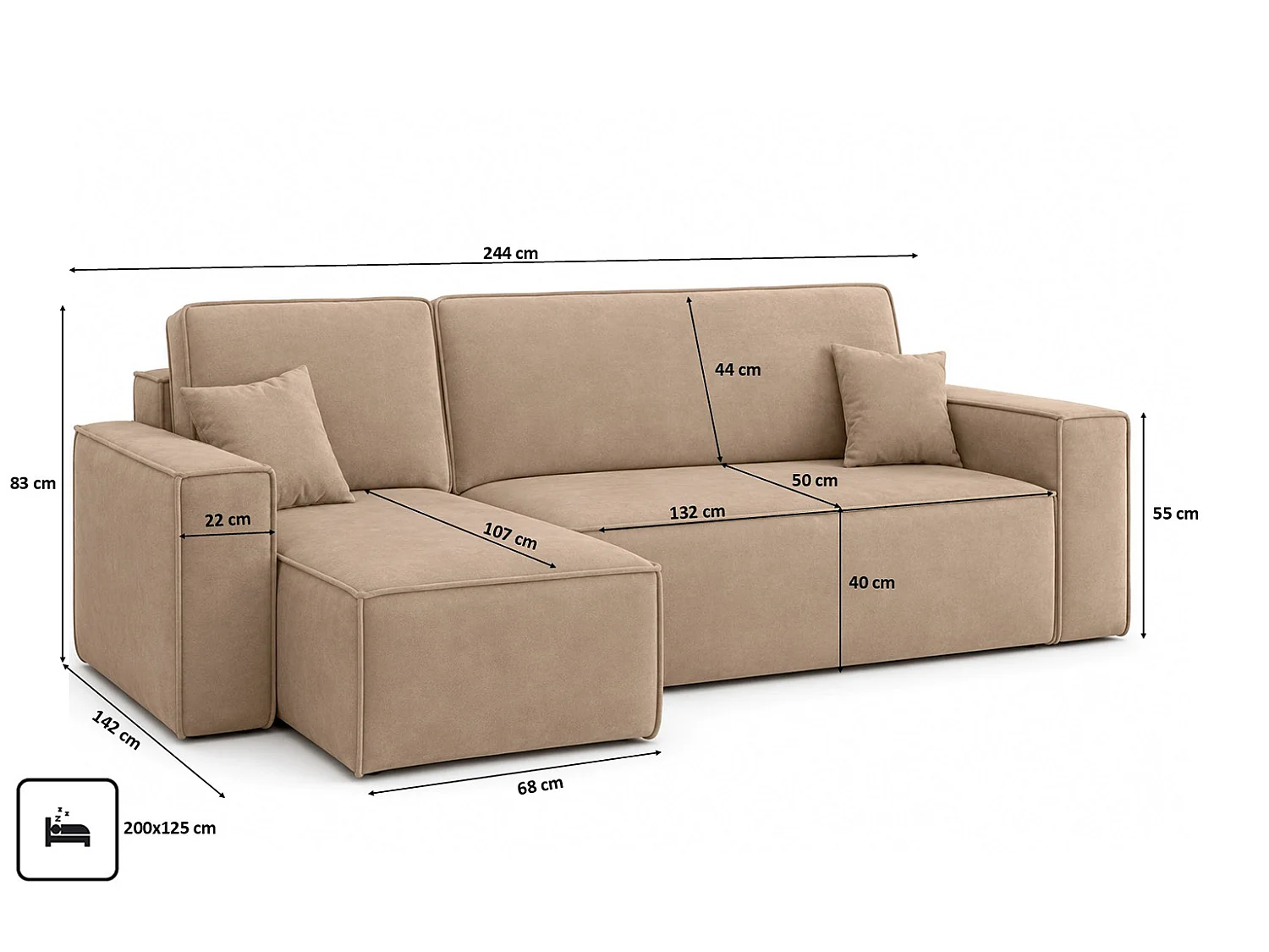 Canapé d’angle en L avec fonction couchage et coffre de rangement, tissu velours Bluvel, latte, gauche, BEST L