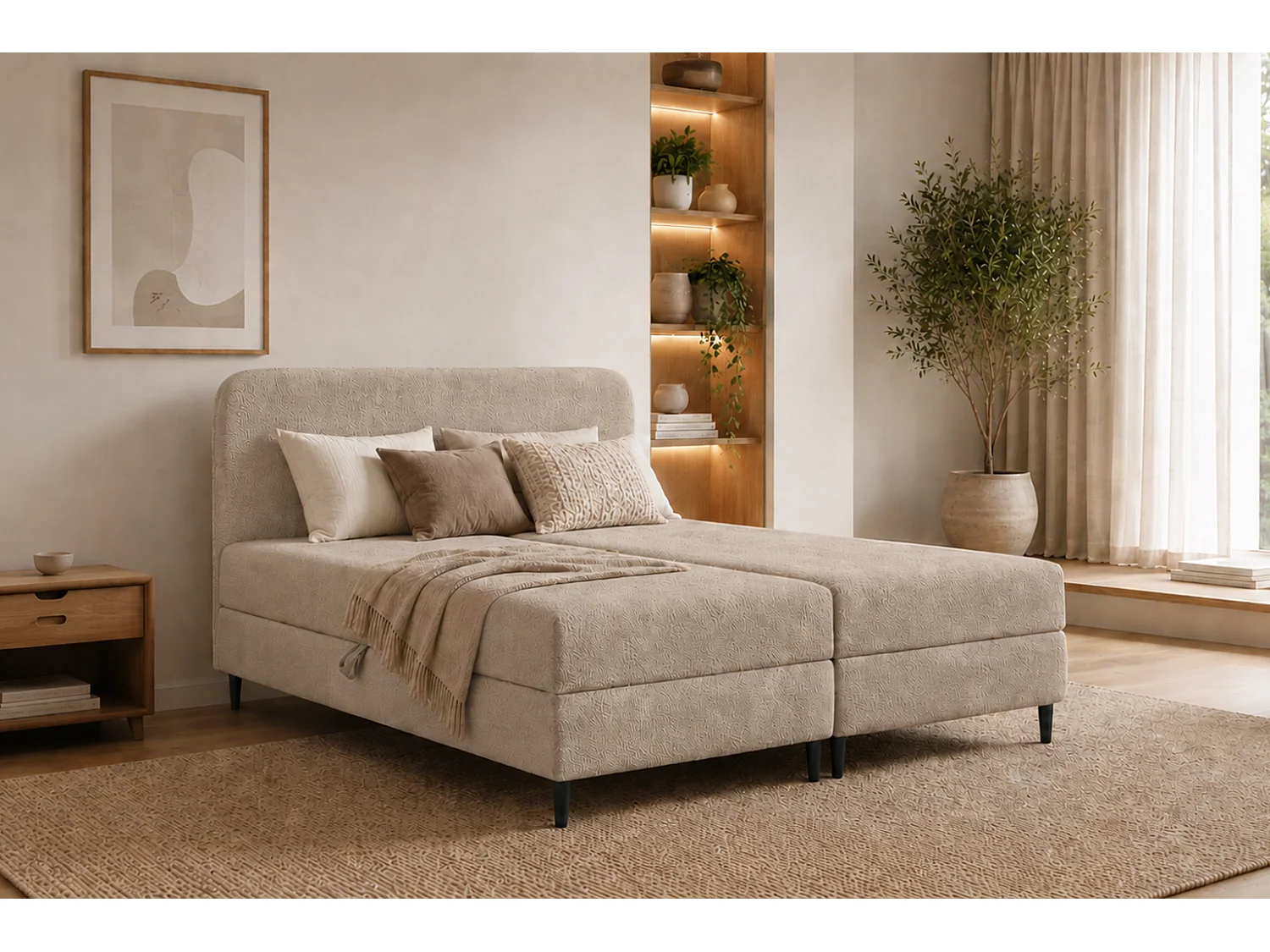 Lit boxspring avec deux coffres de rangement, tissu bouclé Lambi, beige, 200x200 cm, FUBU