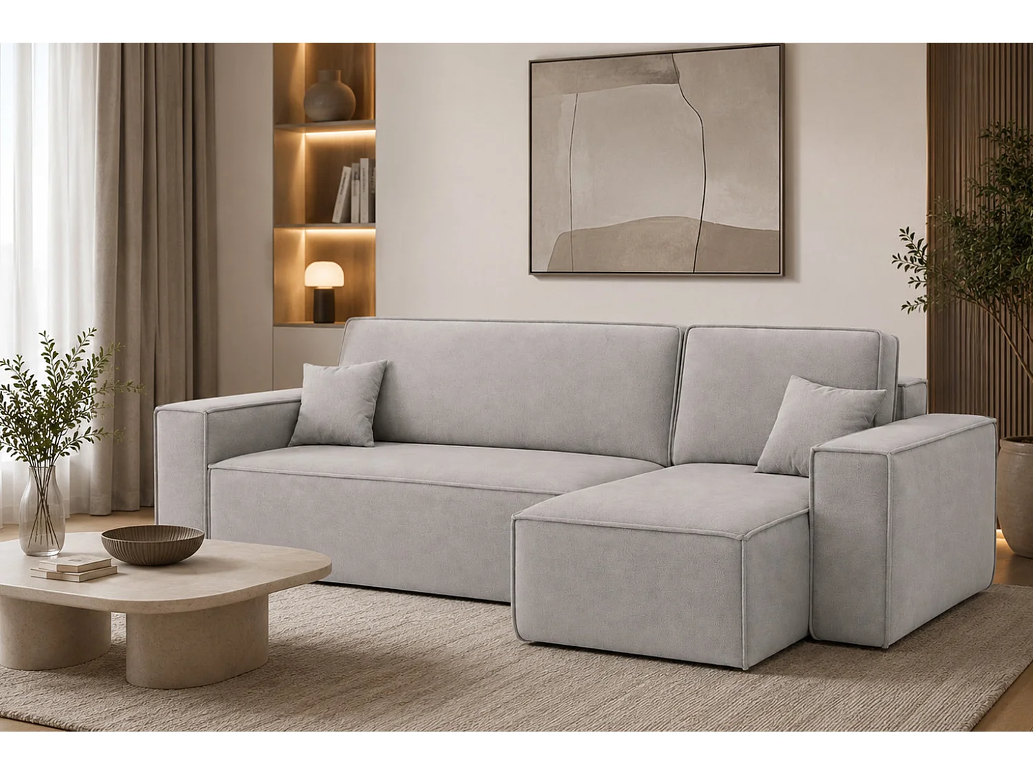 Canapé d’angle en L avec fonction couchage et coffre de rangement, tissu velours Bluvel, gris, droite, BEST L