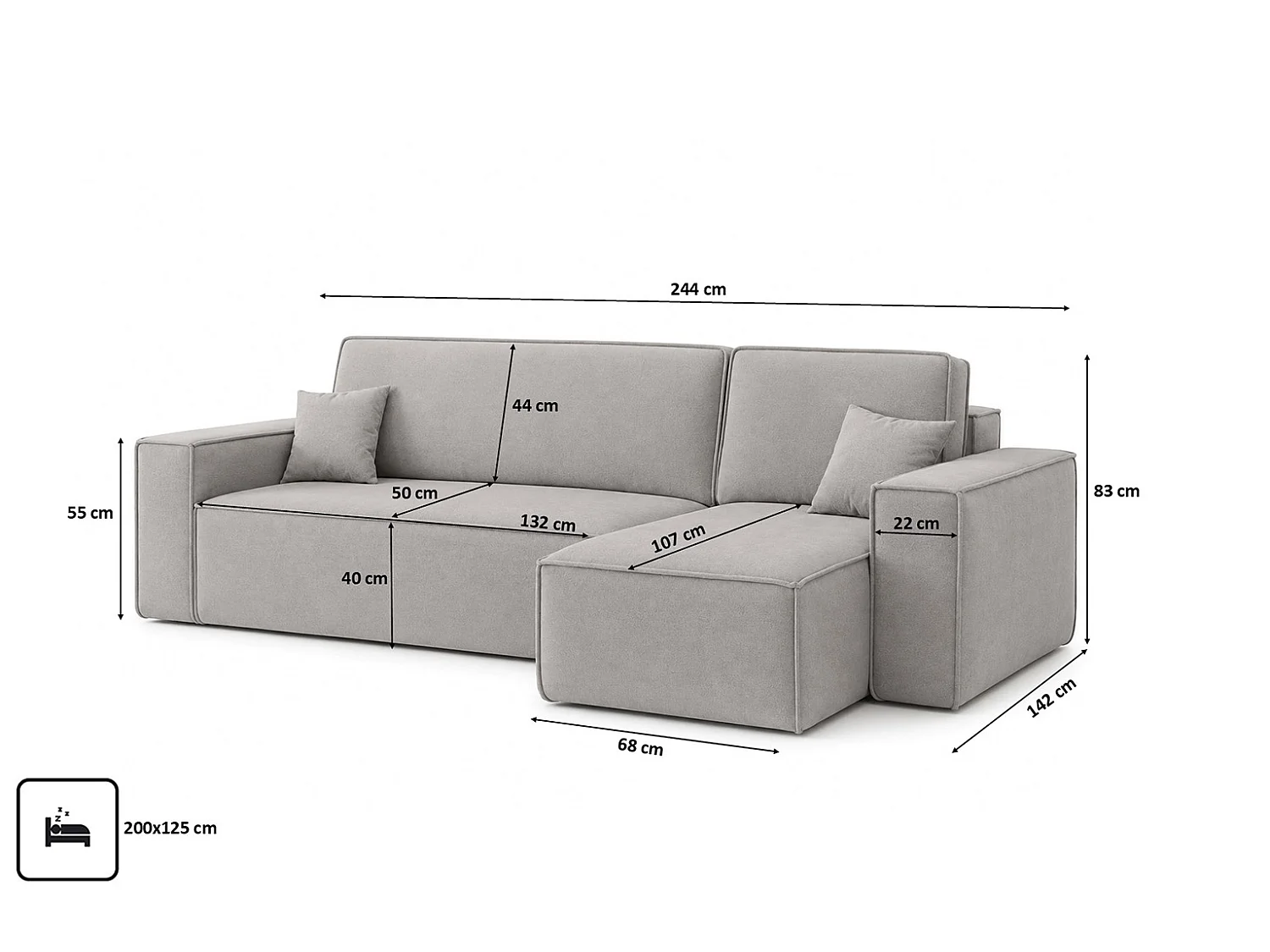 Canapé d’angle en L avec fonction couchage et coffre de rangement, tissu velours Bluvel, gris, droite, BEST L