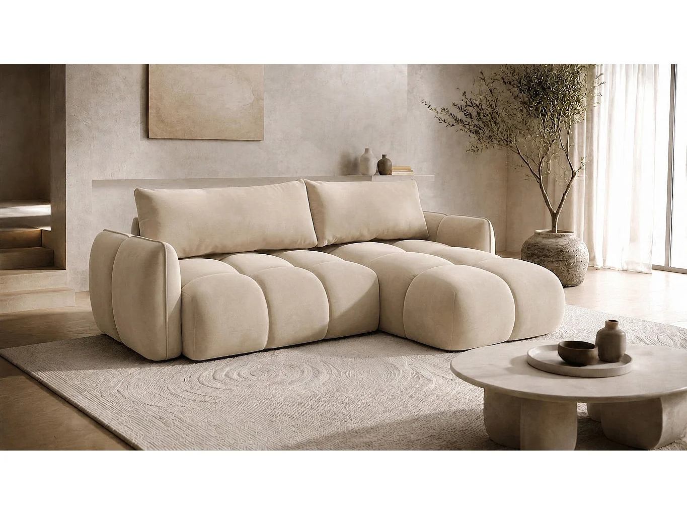 Divano angolare a L con funzione letto, tessuto velluto Bluvel, crema, destra, BELVEDER L
