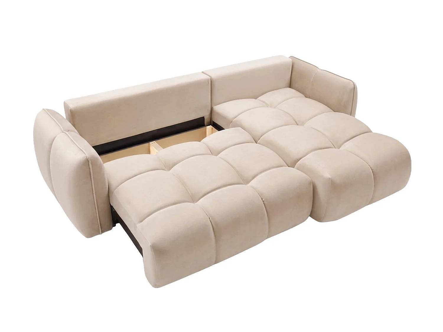 Divano angolare a L con funzione letto, tessuto velluto Bluvel, crema, destra, BELVEDER L