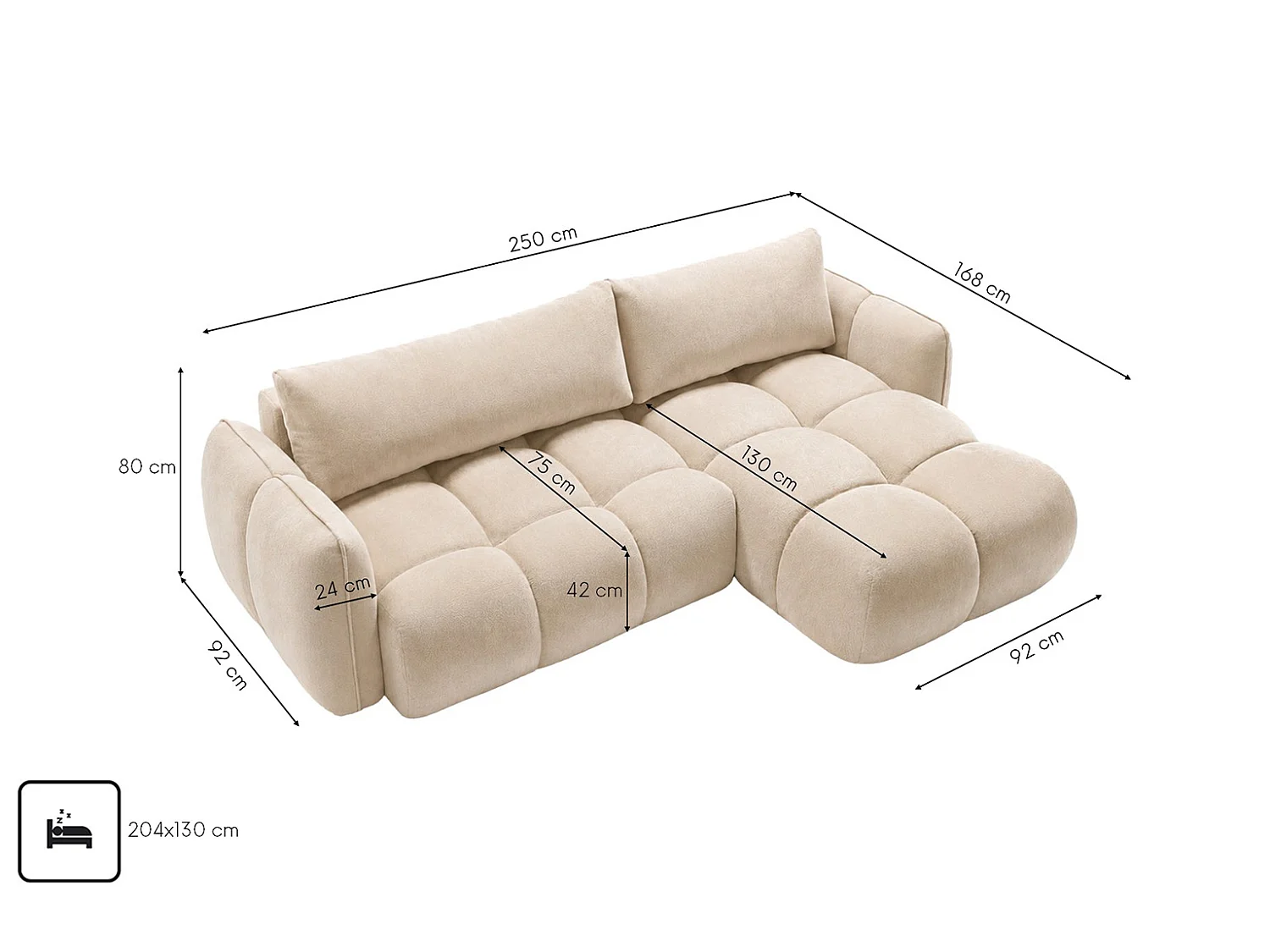 Divano angolare a L con funzione letto, tessuto velluto Bluvel, crema, destra, BELVEDER L