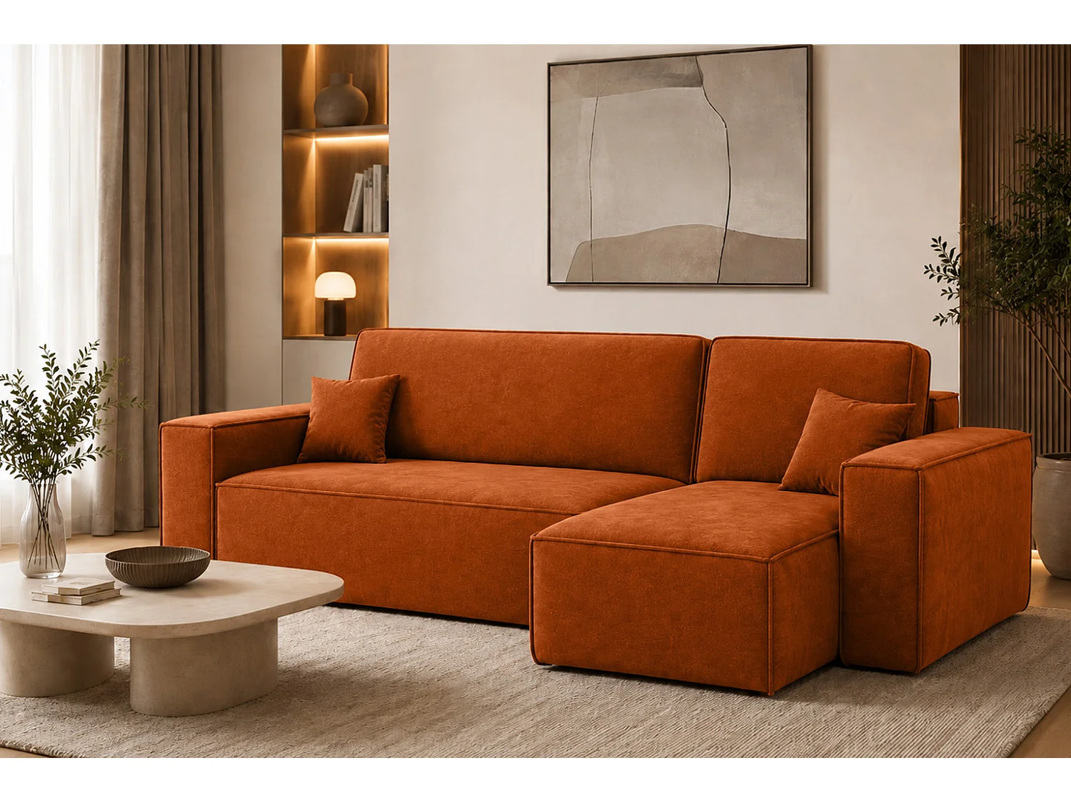 Canapé d’angle en L avec fonction couchage et coffre de rangement, tissu velours Bluvel, cannelle, droite, BEST L