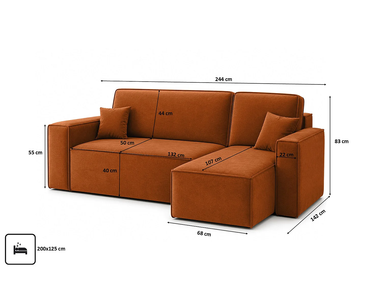 Canapé d’angle en L avec fonction couchage et coffre de rangement, tissu velours Bluvel, cannelle, droite, BEST L