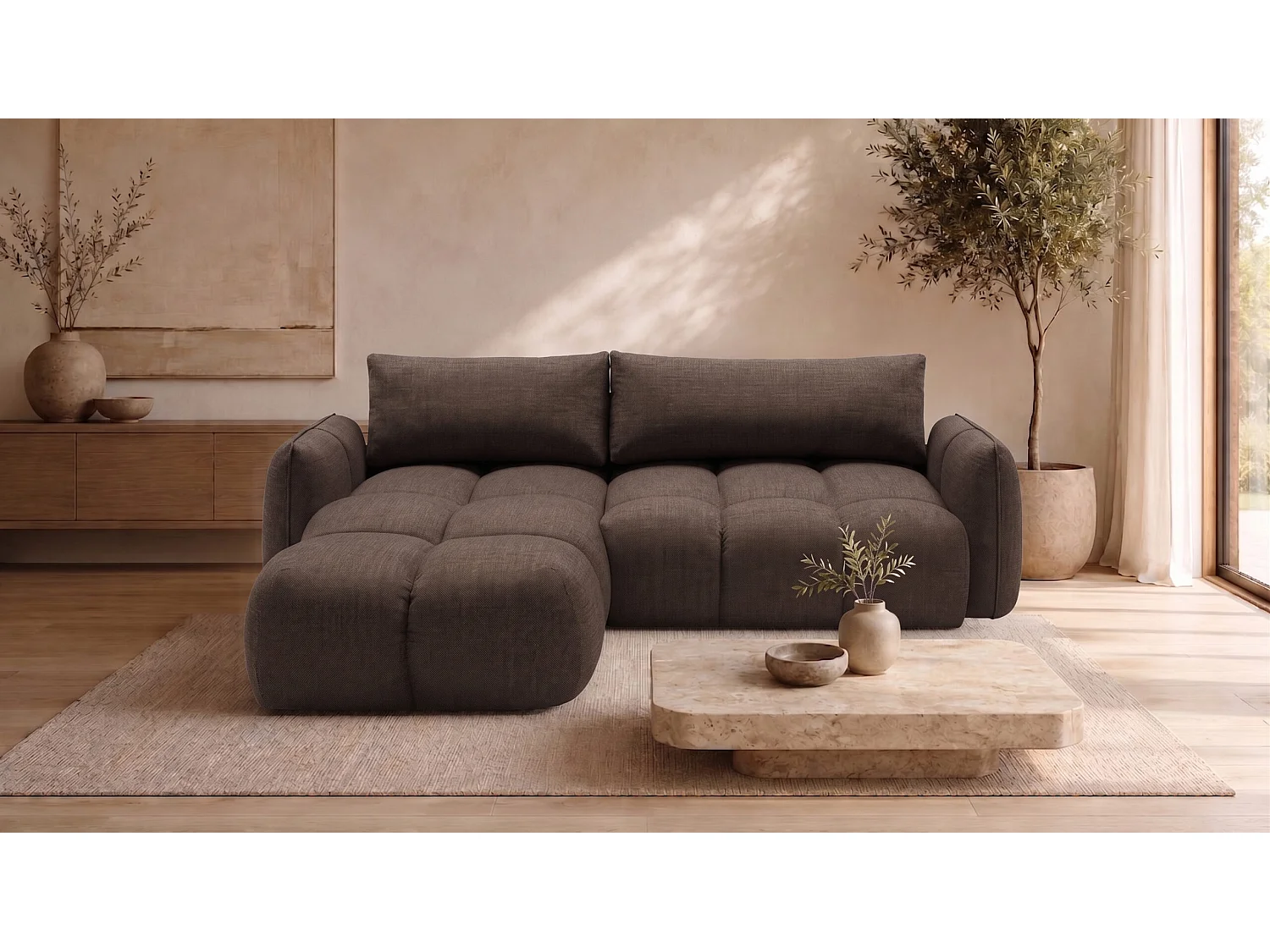 Canapé d’angle en L avec fonction couchage, Nexi, marron, gauche, BELVEDER L