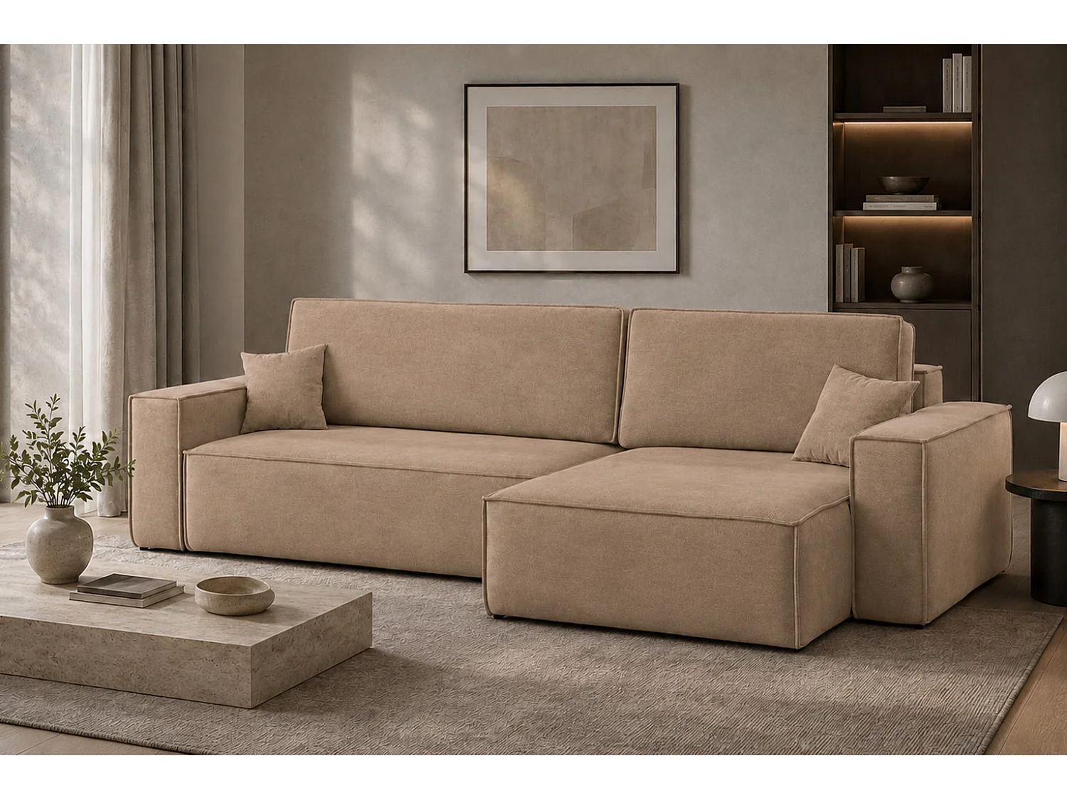 Canapé d’angle en L avec fonction couchage et coffre de rangement, tissu velours Bluvel, latte, droite, BEST XL