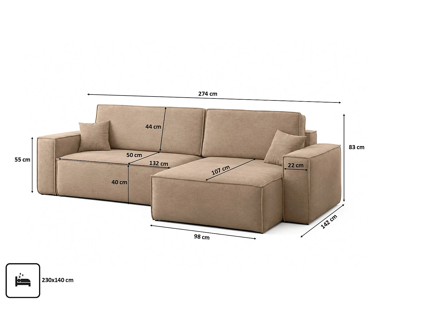 Canapé d’angle en L avec fonction couchage et coffre de rangement, tissu velours Bluvel, latte, droite, BEST XL