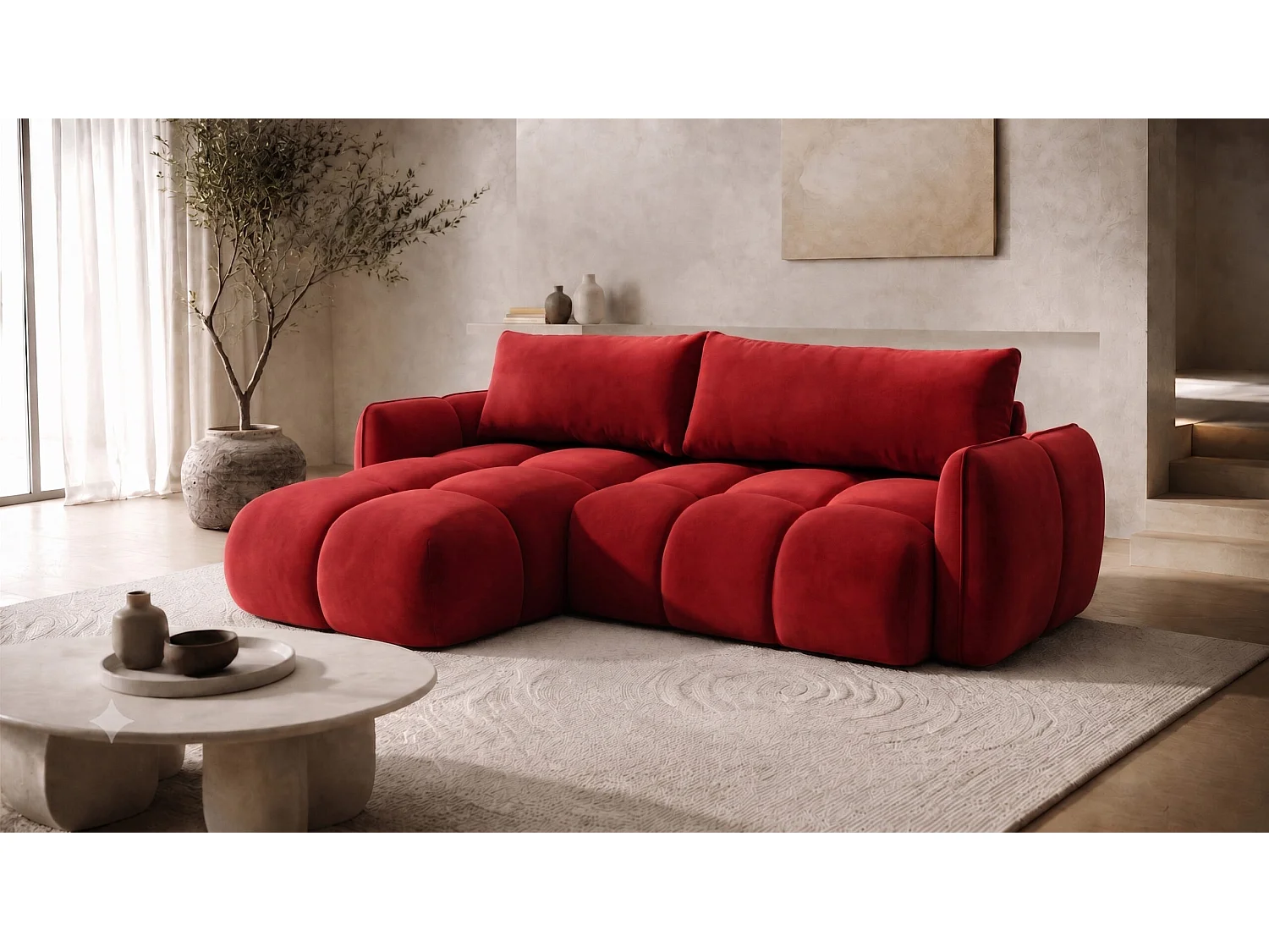 Divano angolare a L con funzione letto, tessuto velluto Bluvel, rosso vino, sinistra, BELVEDER L