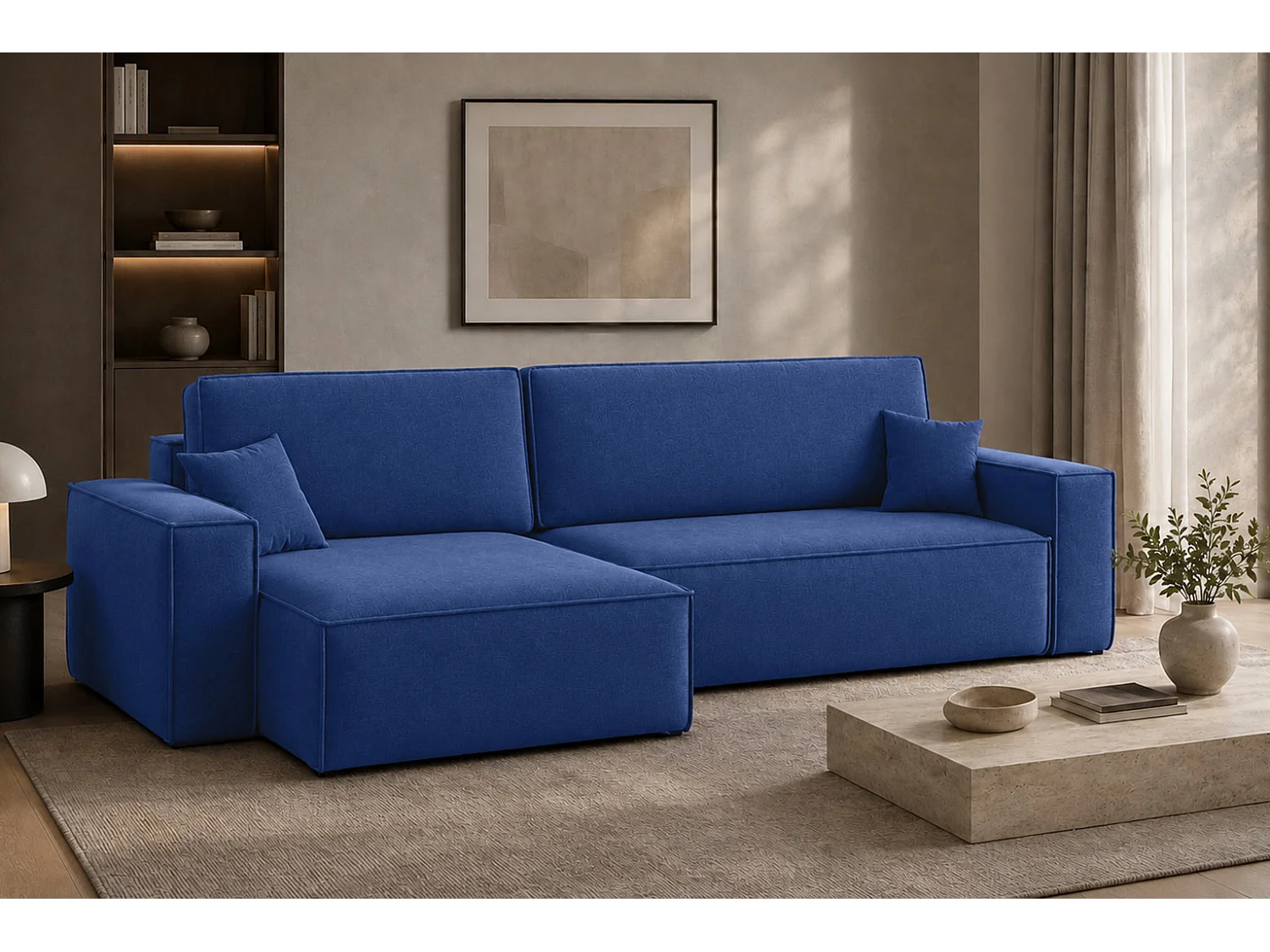 Divano angolare a L con funzione letto e contenitore, tessuto velluto Bluvel, blu inchiostro, sinistro, BEST XL