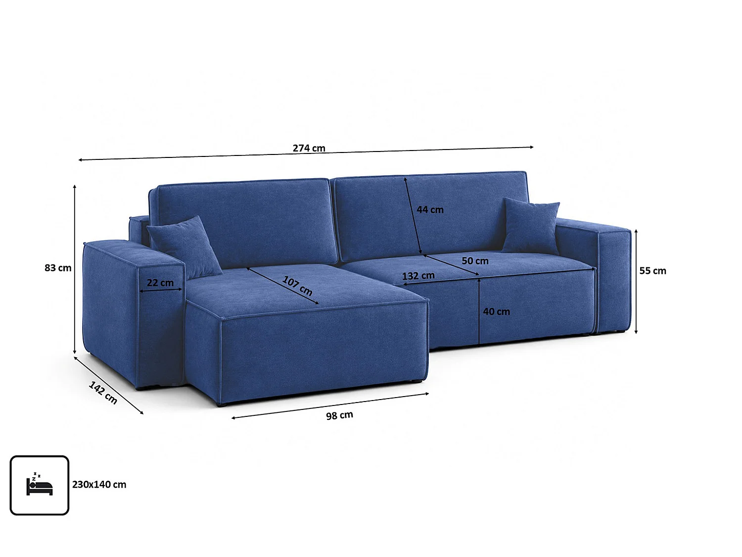 Divano angolare a L con funzione letto e contenitore, tessuto velluto Bluvel, blu inchiostro, sinistro, BEST XL