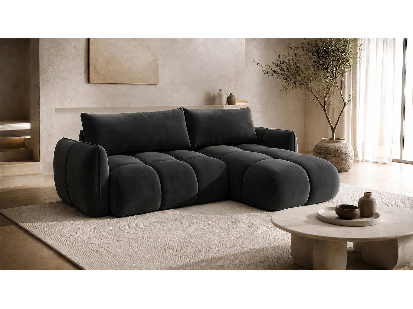 Divano angolare a L con funzione letto, tessuto velluto Bluvel, nero, destra, BELVEDER L