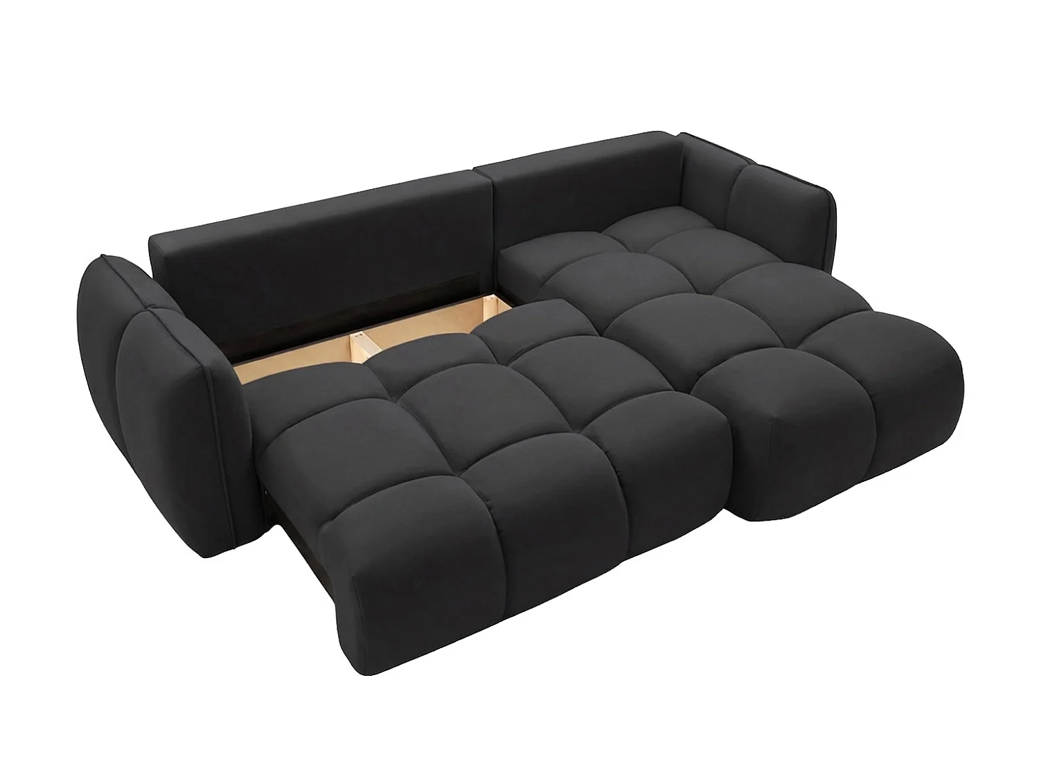 Divano angolare a L con funzione letto, tessuto velluto Bluvel, nero, destra, BELVEDER L