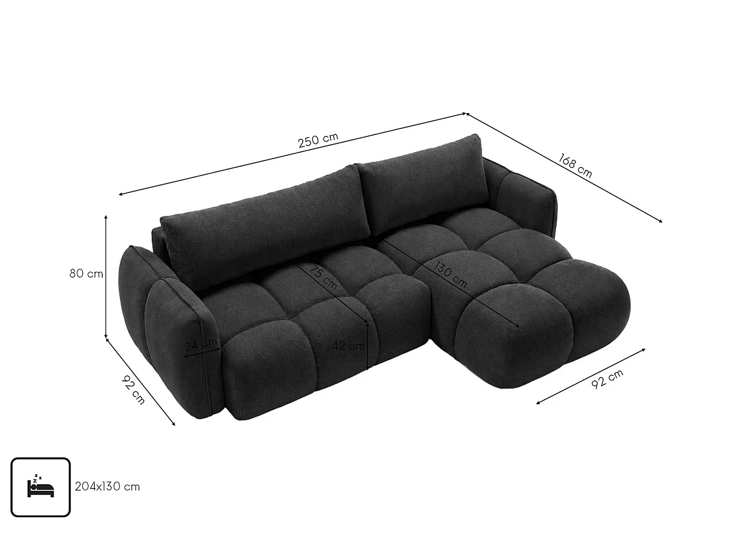 Divano angolare a L con funzione letto, tessuto velluto Bluvel, nero, destra, BELVEDER L