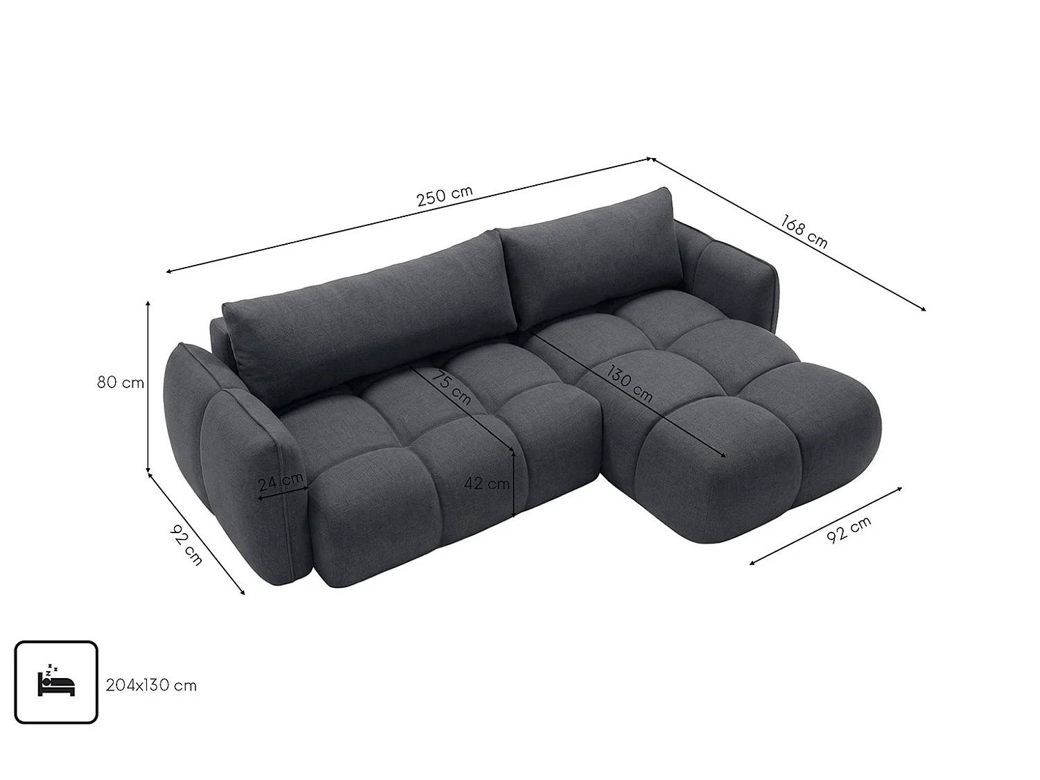 Canapé d’angle en L avec fonction couchage, Nexi, graphite, droite, BELVEDER L