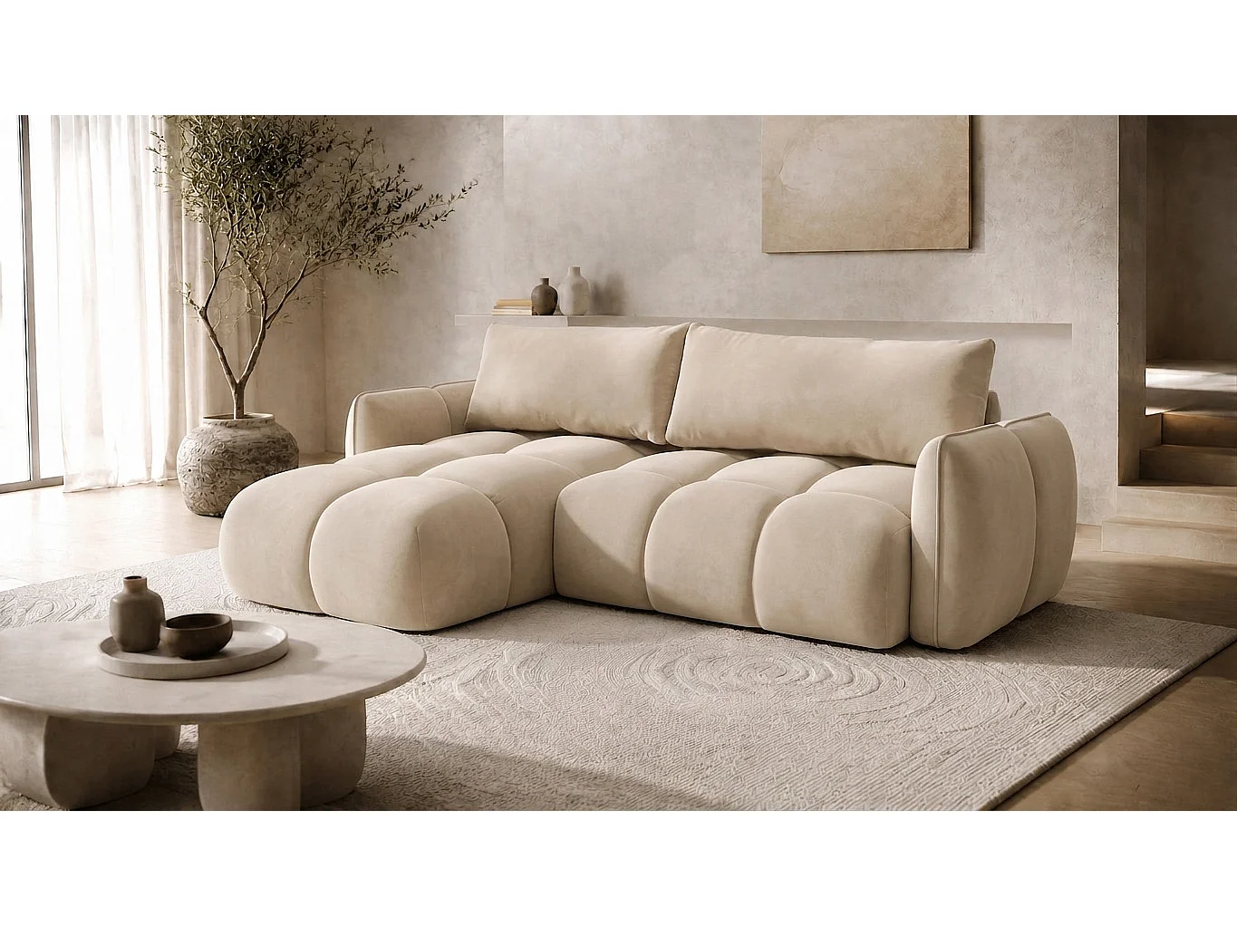 Divano angolare a L con funzione letto, tessuto velluto Bluvel, crema, sinistra, BELVEDER L