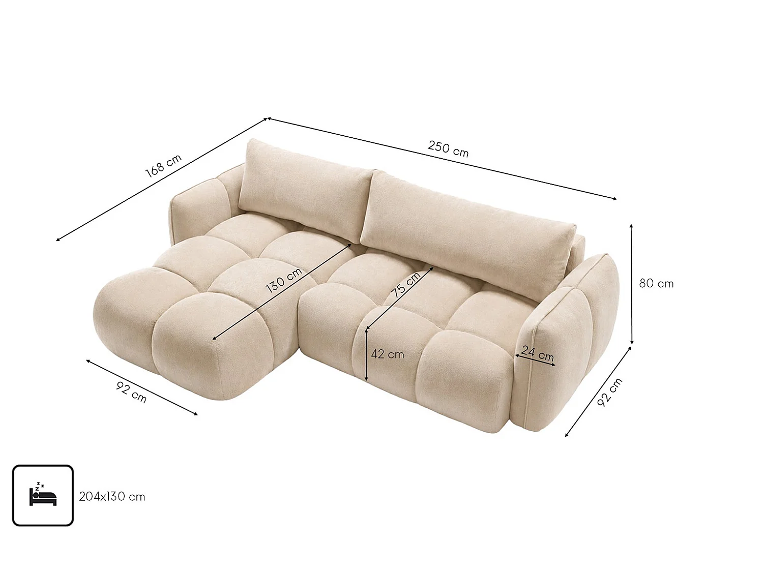 Divano angolare a L con funzione letto, tessuto velluto Bluvel, crema, sinistra, BELVEDER L