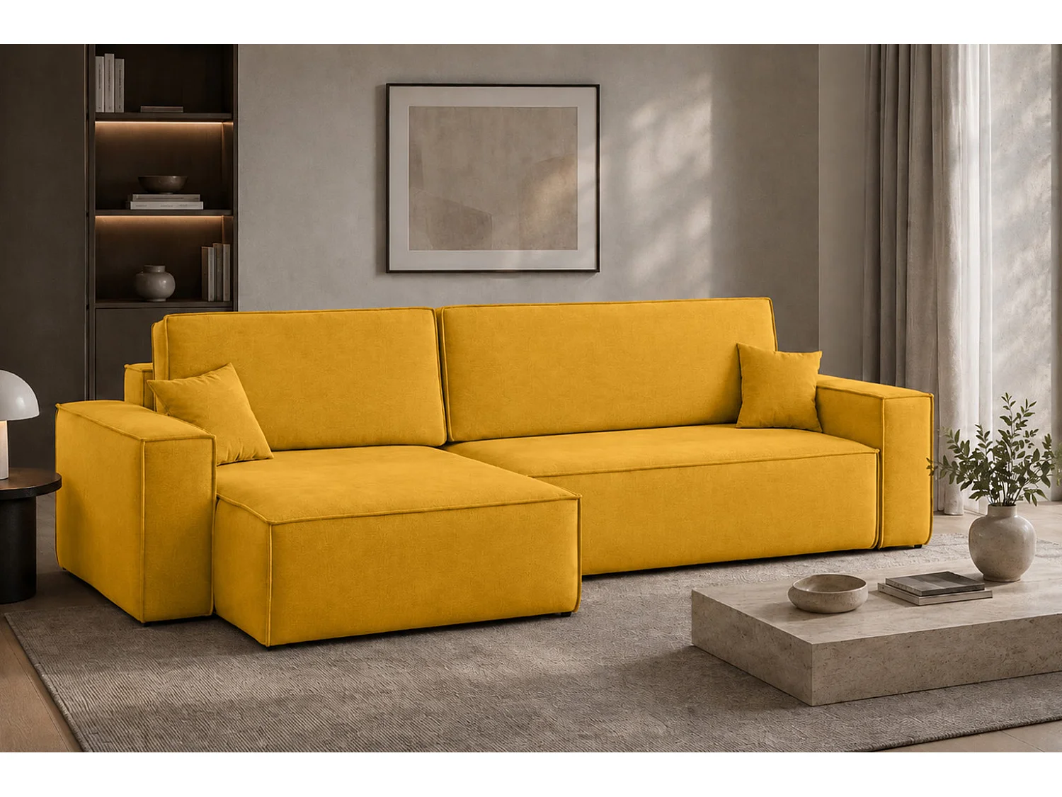 Canapé d’angle en L avec fonction couchage et coffre de rangement, tissu velours Bluvel, doré, gauche, BEST XL