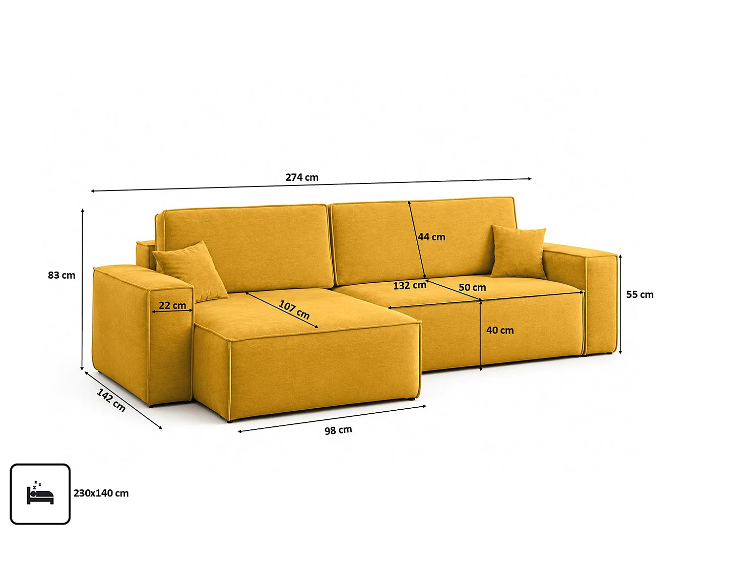 Canapé d’angle en L avec fonction couchage et coffre de rangement, tissu velours Bluvel, doré, gauche, BEST XL