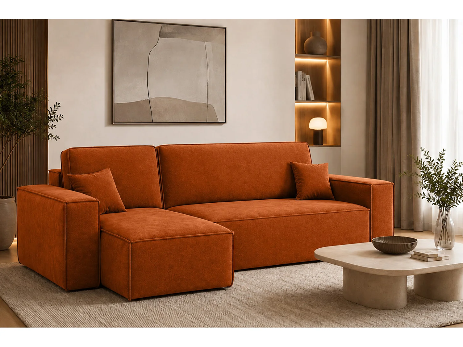 Canapé d’angle en L avec fonction couchage et coffre de rangement, tissu velours Bluvel, cannelle, gauche, BEST L