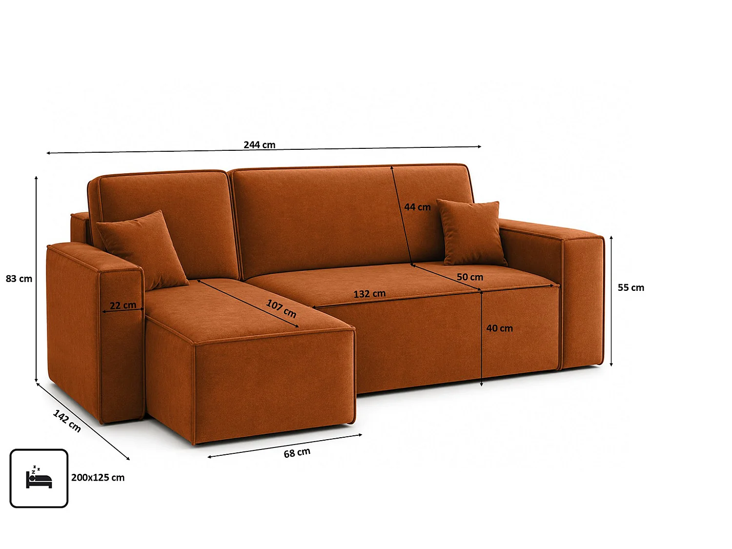 Canapé d’angle en L avec fonction couchage et coffre de rangement, tissu velours Bluvel, cannelle, gauche, BEST L