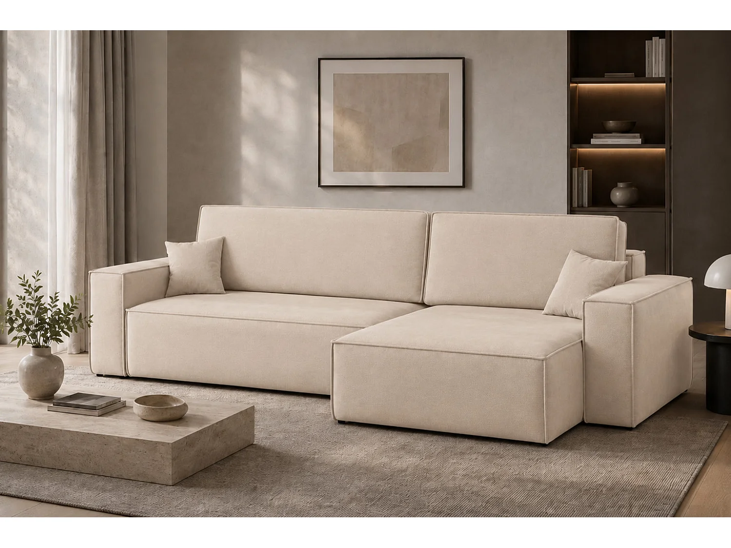 Canapé d’angle en L avec fonction couchage et coffre de rangement, tissu velours Bluvel, crème, droite, BEST XL