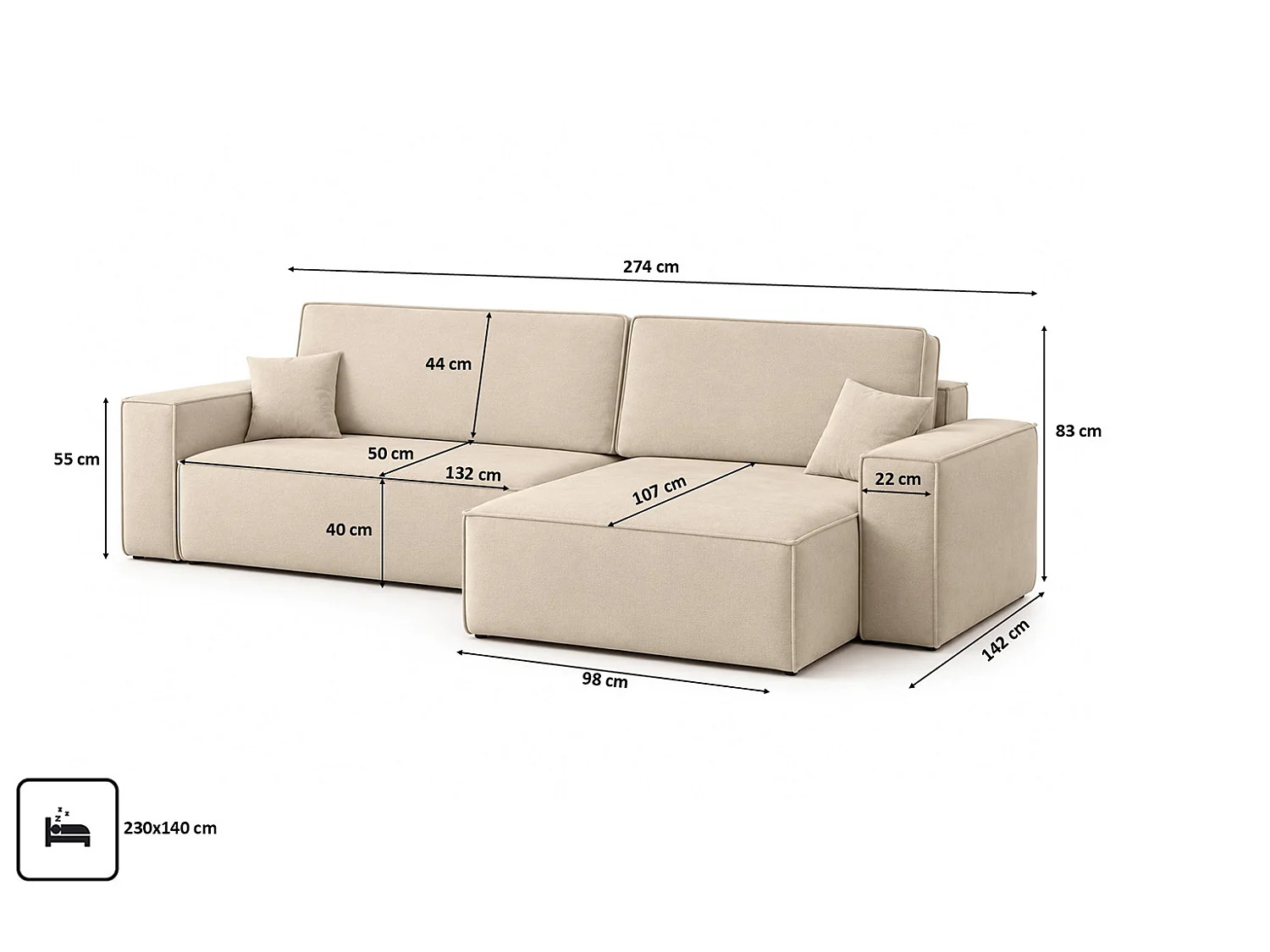 Canapé d’angle en L avec fonction couchage et coffre de rangement, tissu velours Bluvel, crème, droite, BEST XL
