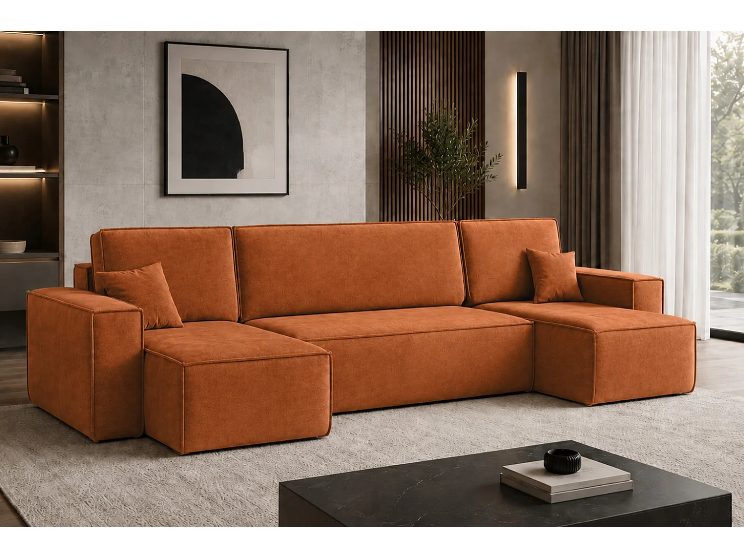 Canapé d’angle en U avec fonction couchage et coffre de rangement, tissu velours Bluvel, cannelle, BEST U