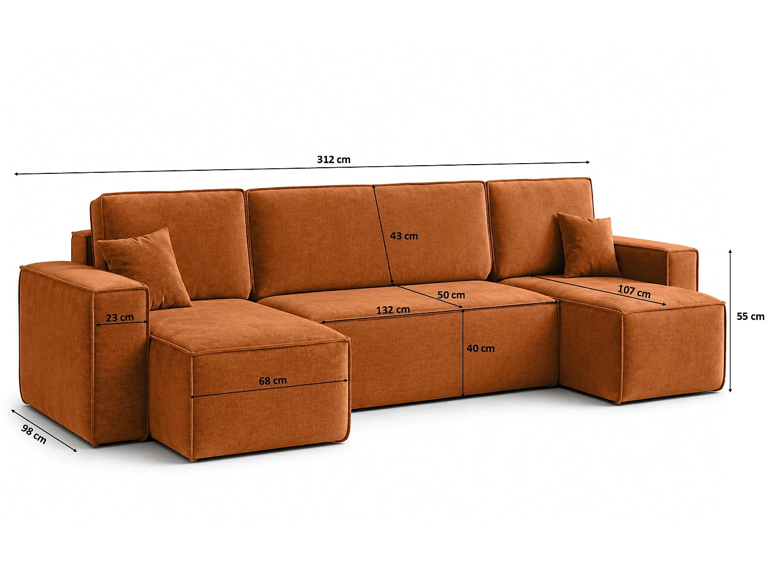 Canapé d’angle en U avec fonction couchage et coffre de rangement, tissu velours Bluvel, cannelle, BEST U