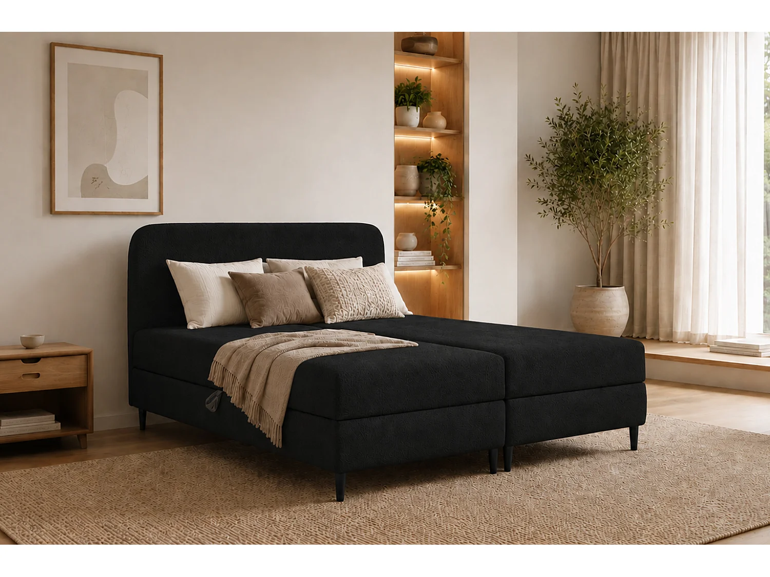 Lit boxspring avec deux coffres de rangement, tissu bouclé Lambi, noir, 160x200 cm, FUBU