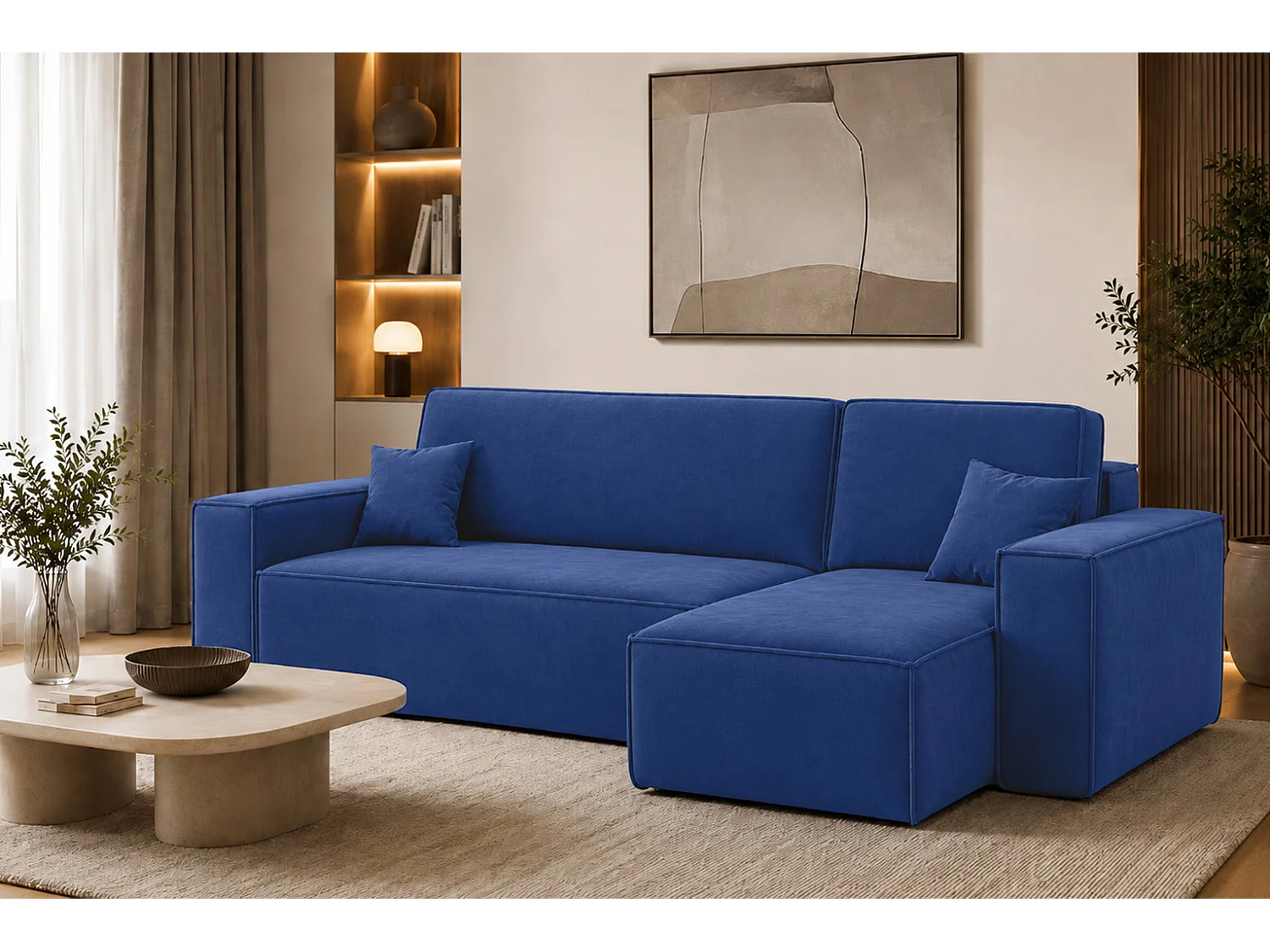 Canapé d’angle en L avec fonction couchage et coffre de rangement, tissu velours Bluvel, bleu encre, droite, BEST L