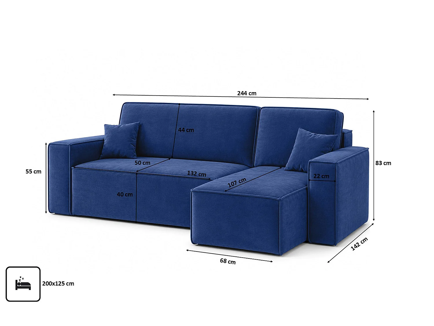 Canapé d’angle en L avec fonction couchage et coffre de rangement, tissu velours Bluvel, bleu encre, droite, BEST L