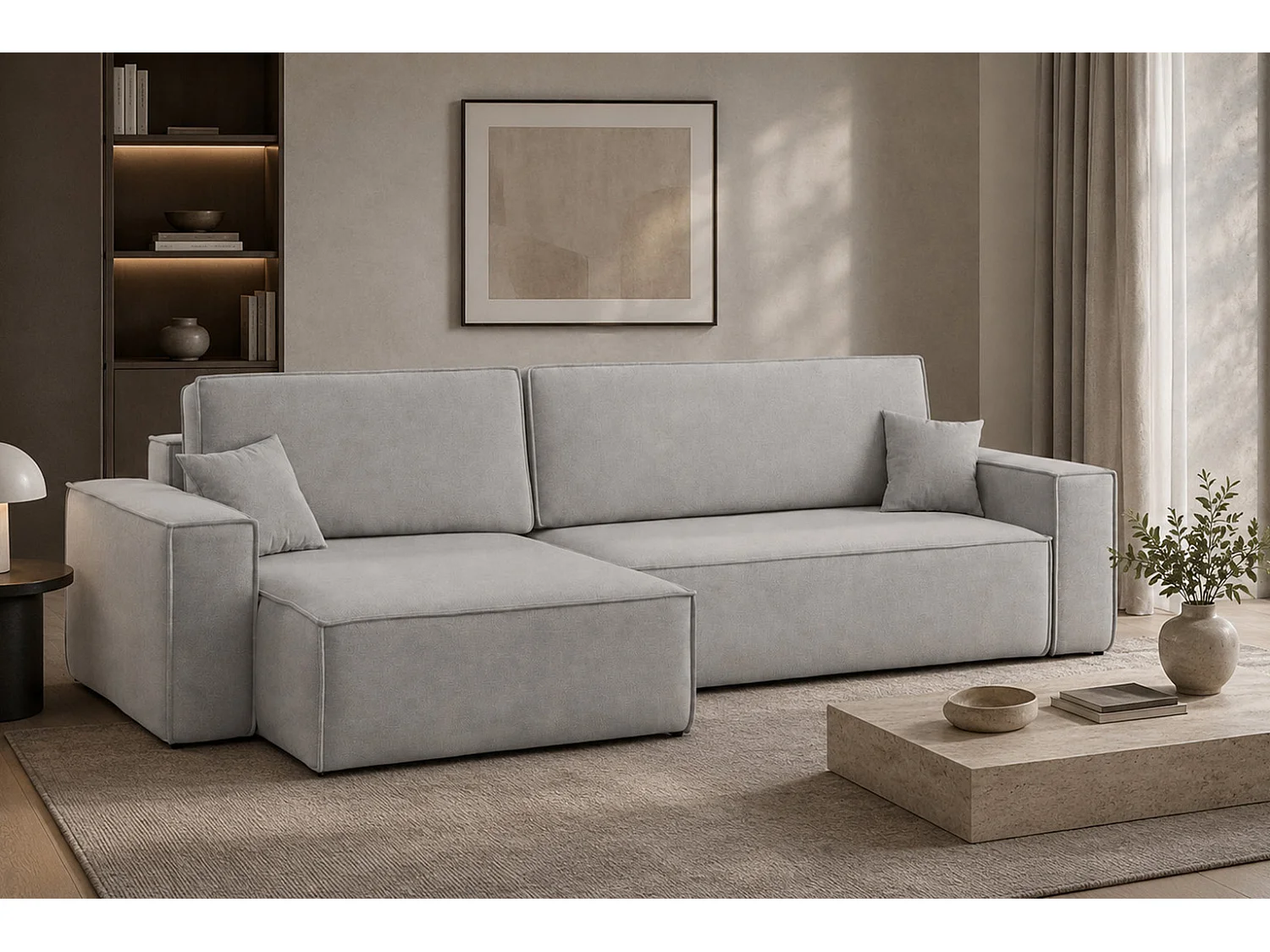 Canapé d’angle en L avec fonction couchage et coffre de rangement, tissu velours Bluvel, gris, gauche, BEST XL